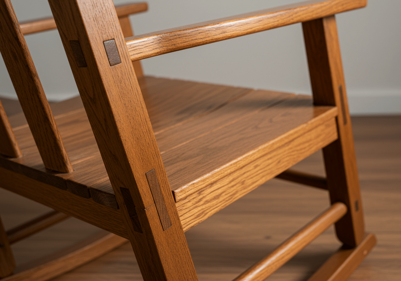 Close-up of Greg Harkins handcrafted rocking chair showcasing detailed craftsmanship.