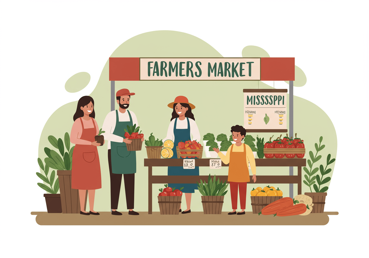 Family enjoying a day at a local Mississippi farmers market, supporting local vendors and the community.
