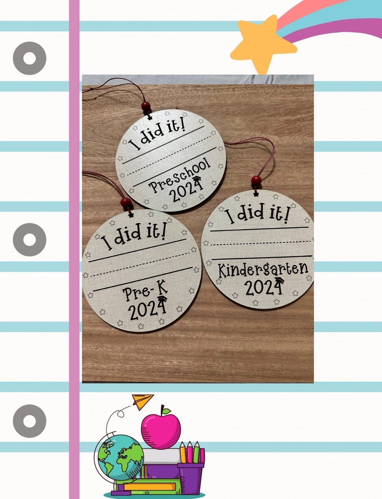 Handmade Graduation Ornaments: Preschool, Pre-K, Kindergarten 2024. 'I Did It!' Wood Keepsakes.