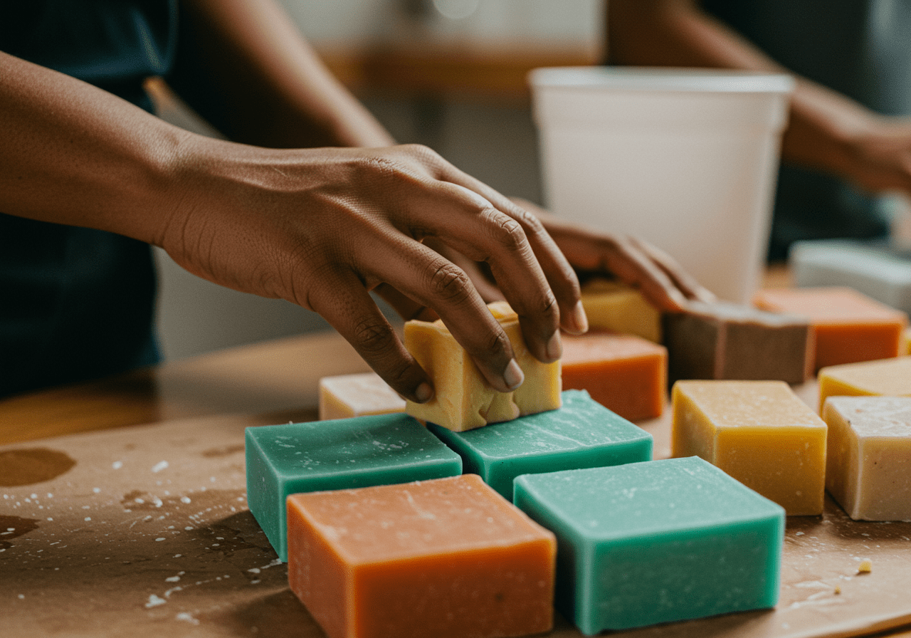 Close-up of colorful artisan soaps with natural ingredients like herbs and flowers, showcasing the beauty and purity of handcrafted skincare.