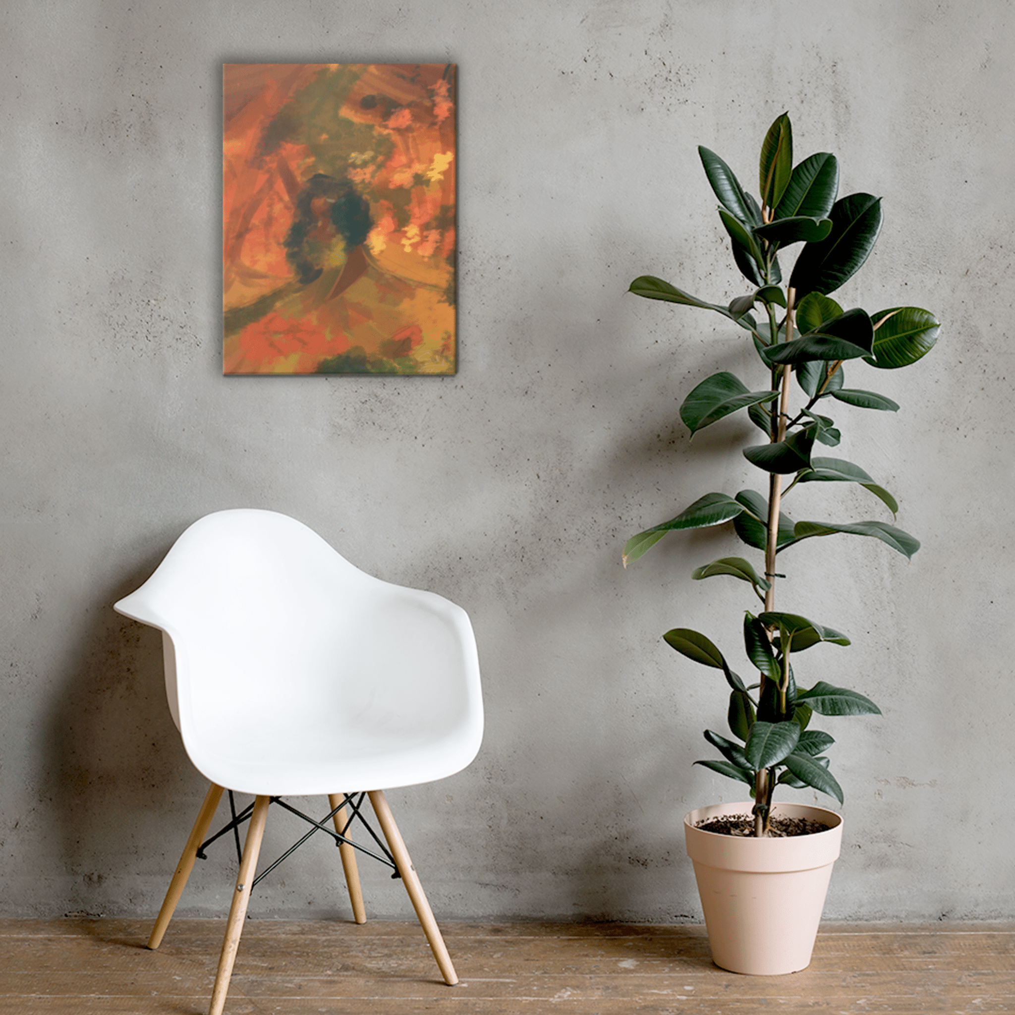 Autumn Ensemble canvas print by Main Street Collective in room setting with chair and plant. Autumn wall decor.
