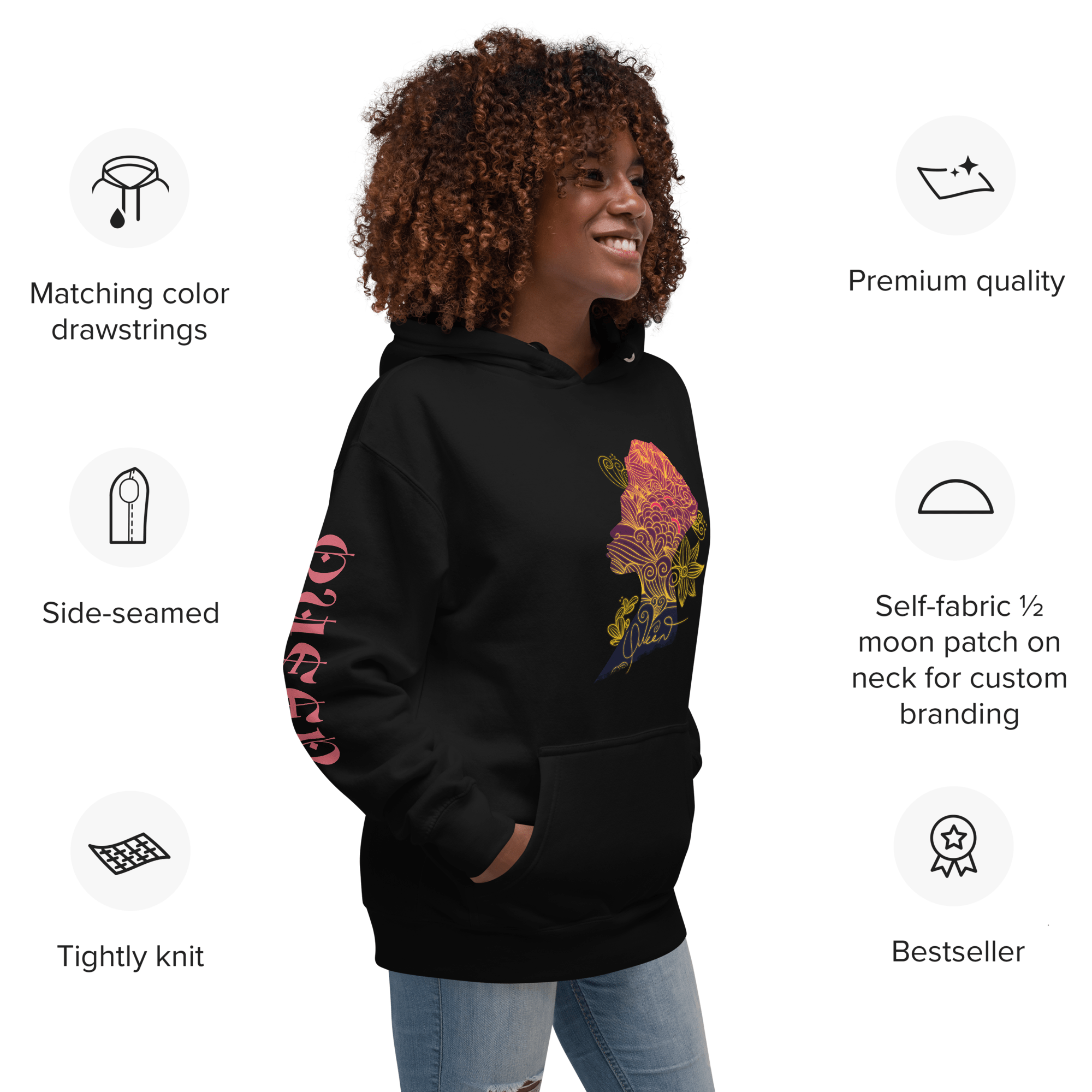 Woman in Black Hoodie with Queen Design | Long Sleeve Women's Fashion