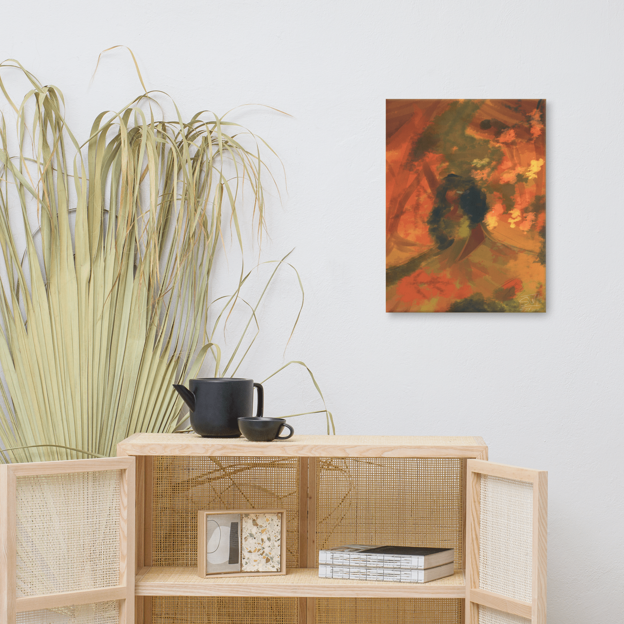 Autumn Ensemble Canvas Print: Abstract art on cabinet with teapot & dried palms. Fall Home Decor