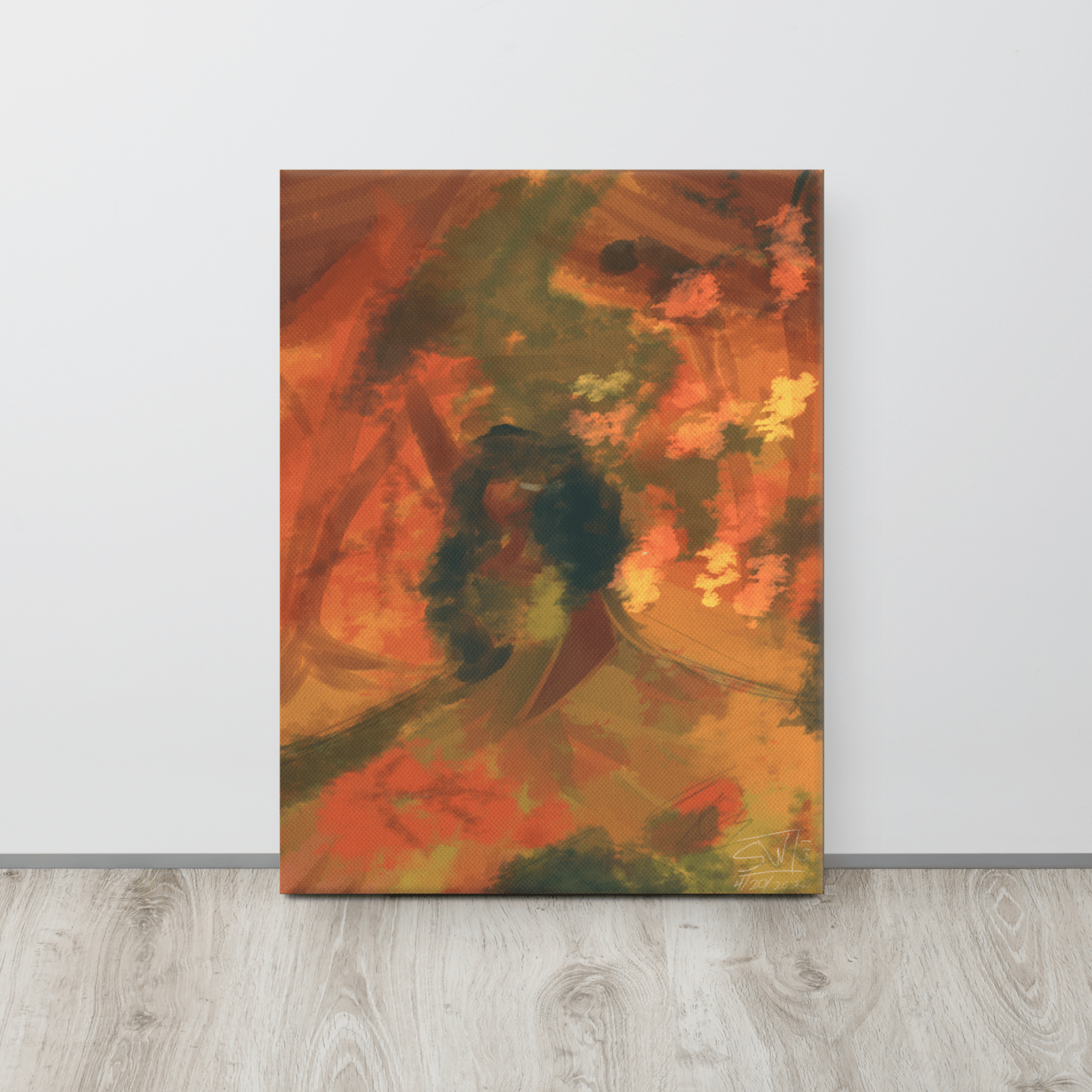 Autumn Ensemble Canvas Print: Abstract fall landscape art for living room decor. Warm colors, modern aesthetic.