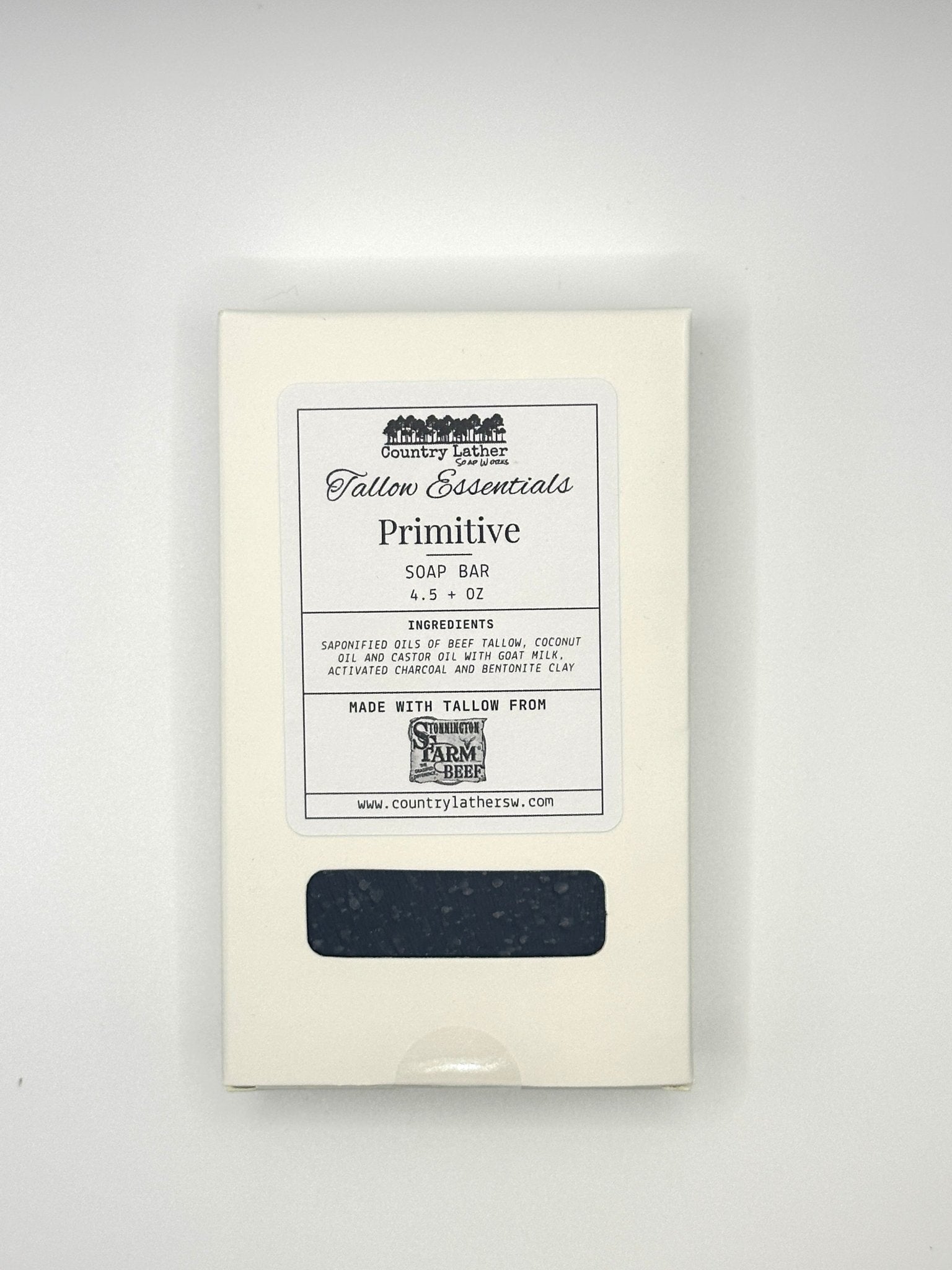 Primitive Tallow Soap Bar by Country Lather: Beef Tallow, Charcoal, Goat Milk Soap.