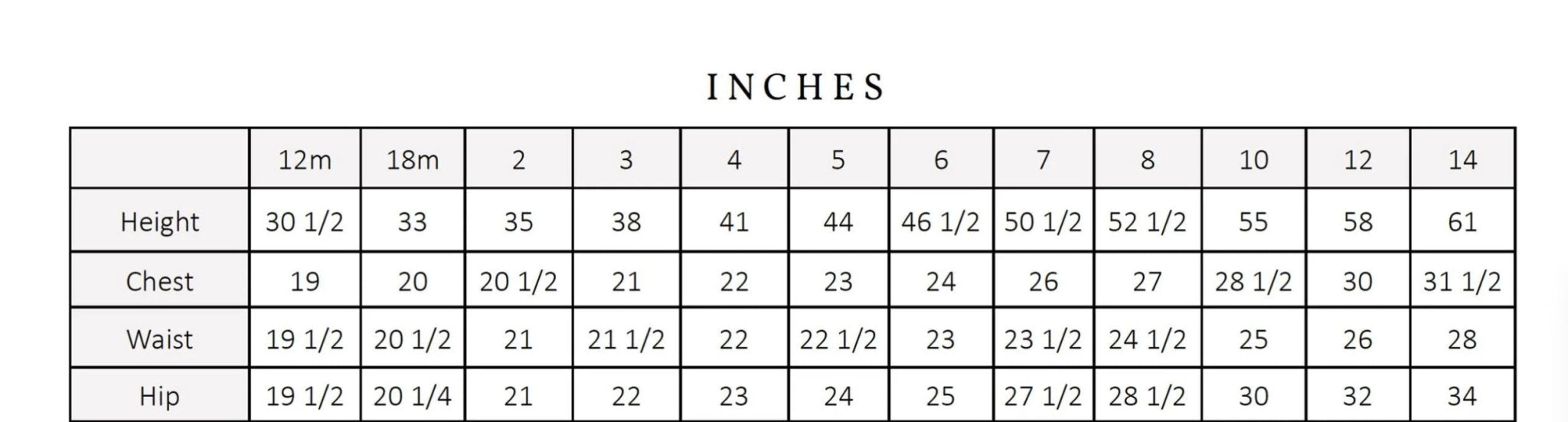 Moana Inspired Kids Clothing Size Chart - Main Street Collective. Height, chest, waist, & hip measurements in inches for sizes 12m-14.