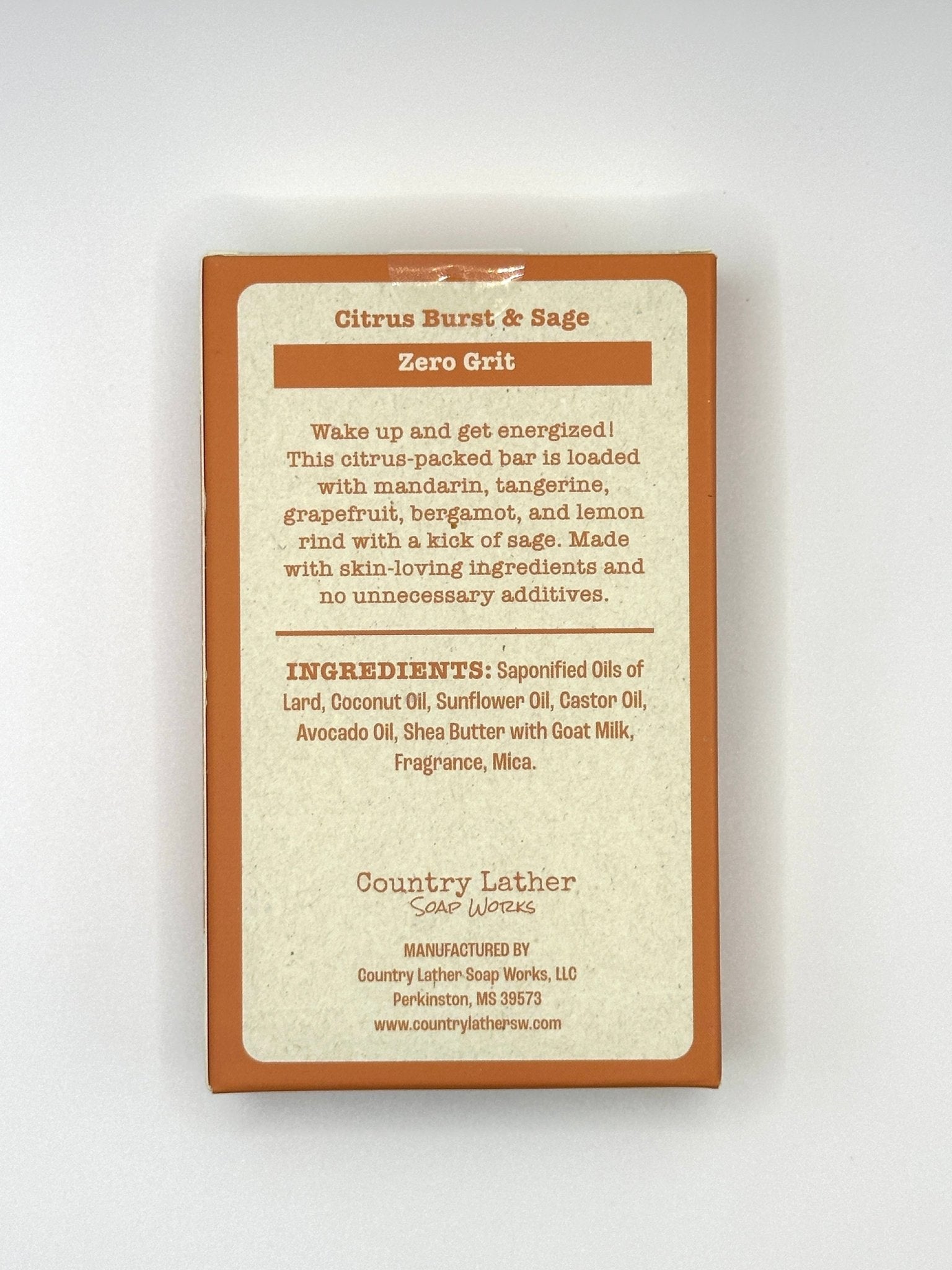 Country Lather Soap: Citrus Burst & Sage Zero Grit. Ingredients and company details on back label. 