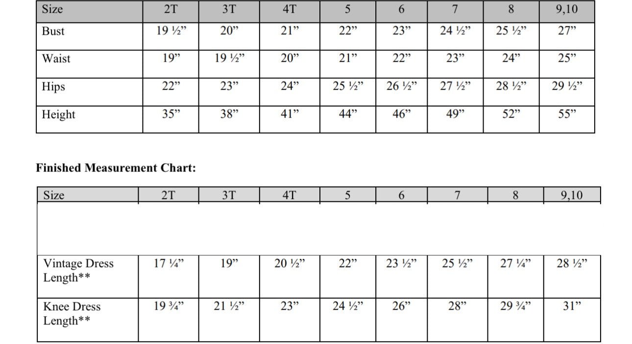 EASTER PEEPS Dress Size Chart: Bust, Waist, Hips, Length for Sizes 2T-10 at Main Street Collective. Find the perfect fit!