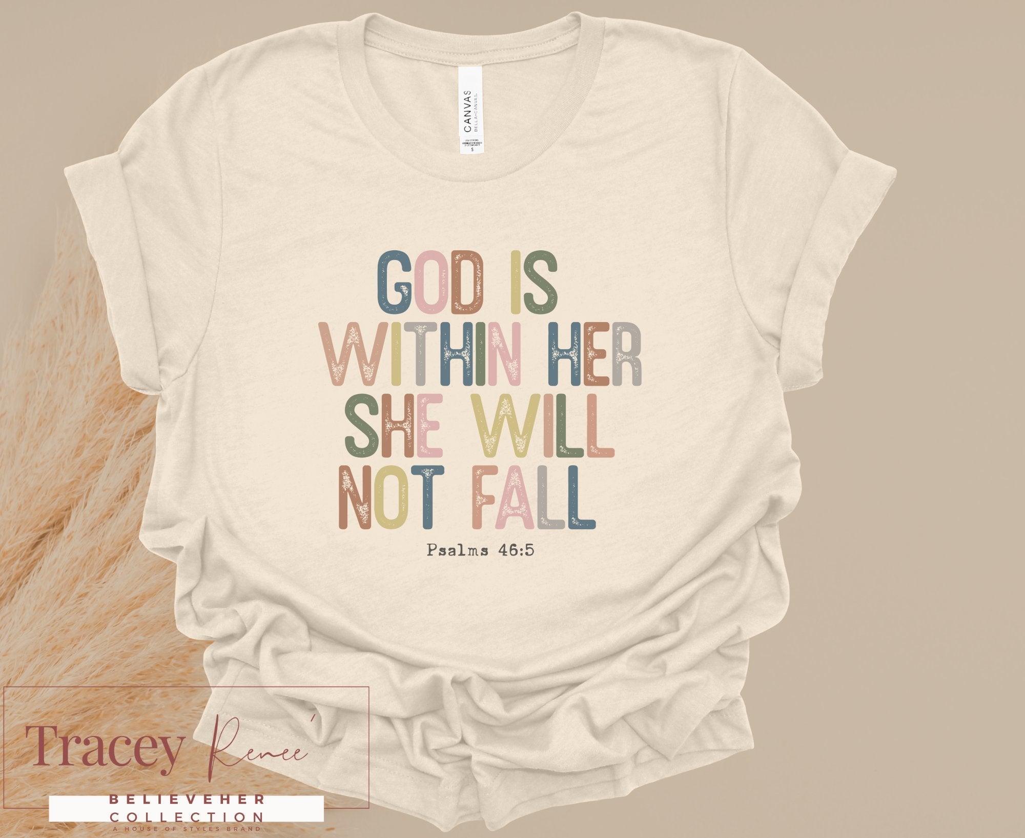 Faith-based Christian T-shirt: "God Is Within Her" by Tracey Rence & Main Street Collective. Inspirational religious apparel.