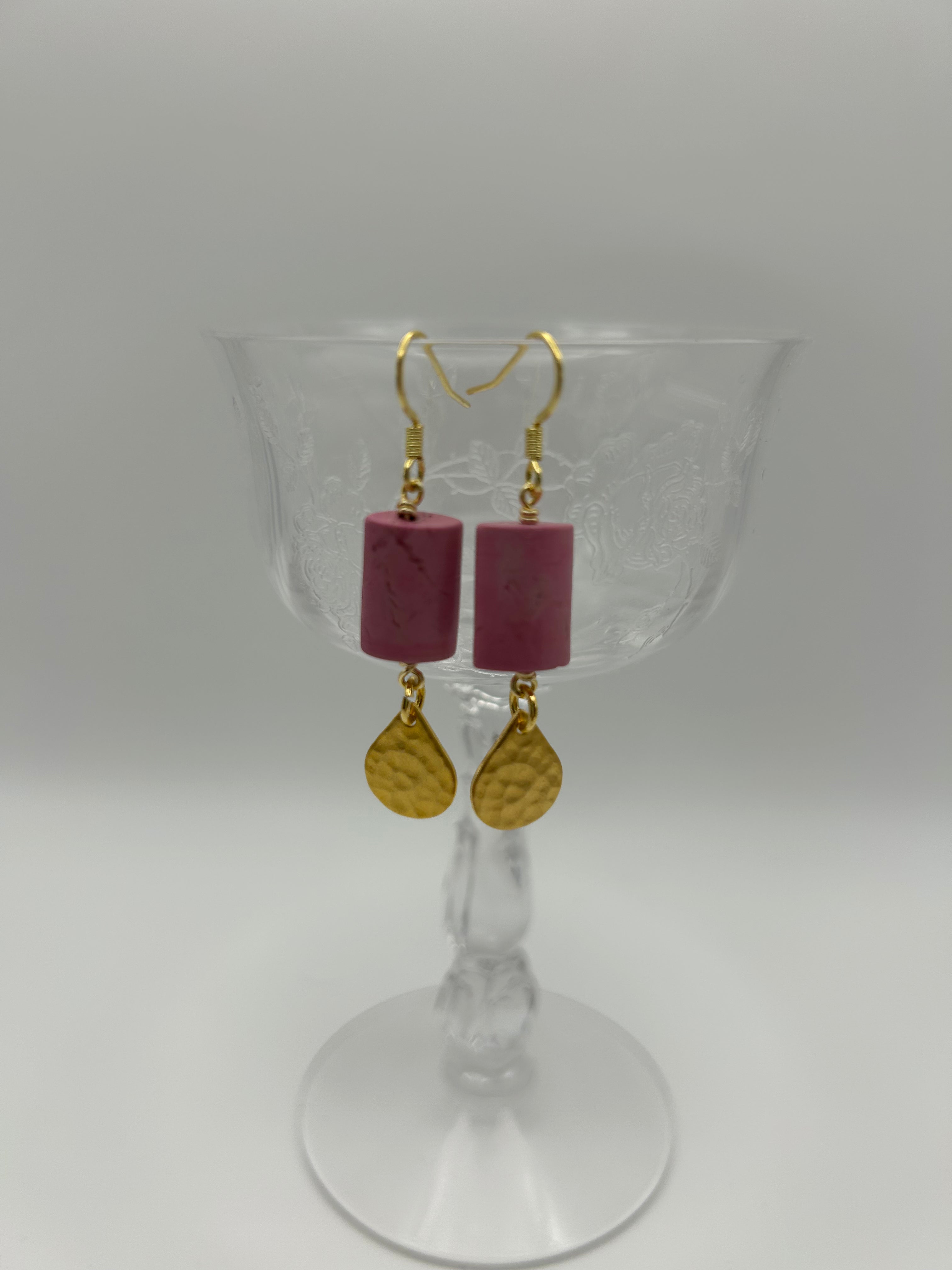 Fuchsia Magnesite Earrings: Handmade gold teardrop earrings by Mississippi Artisan.