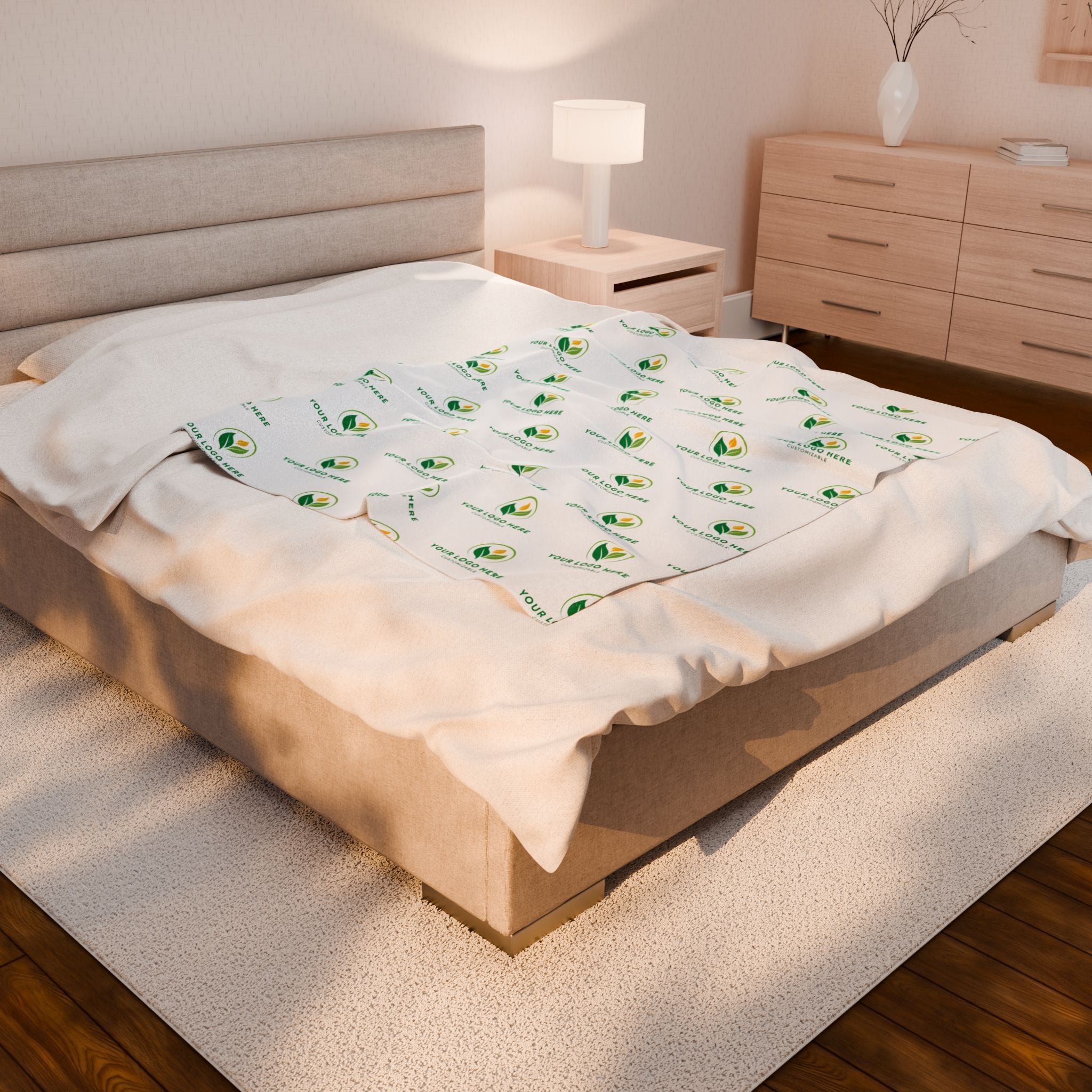 Personalized Logo Blanket on Bed: Cozy Custom Velveteen Plush for Workplace or Gift