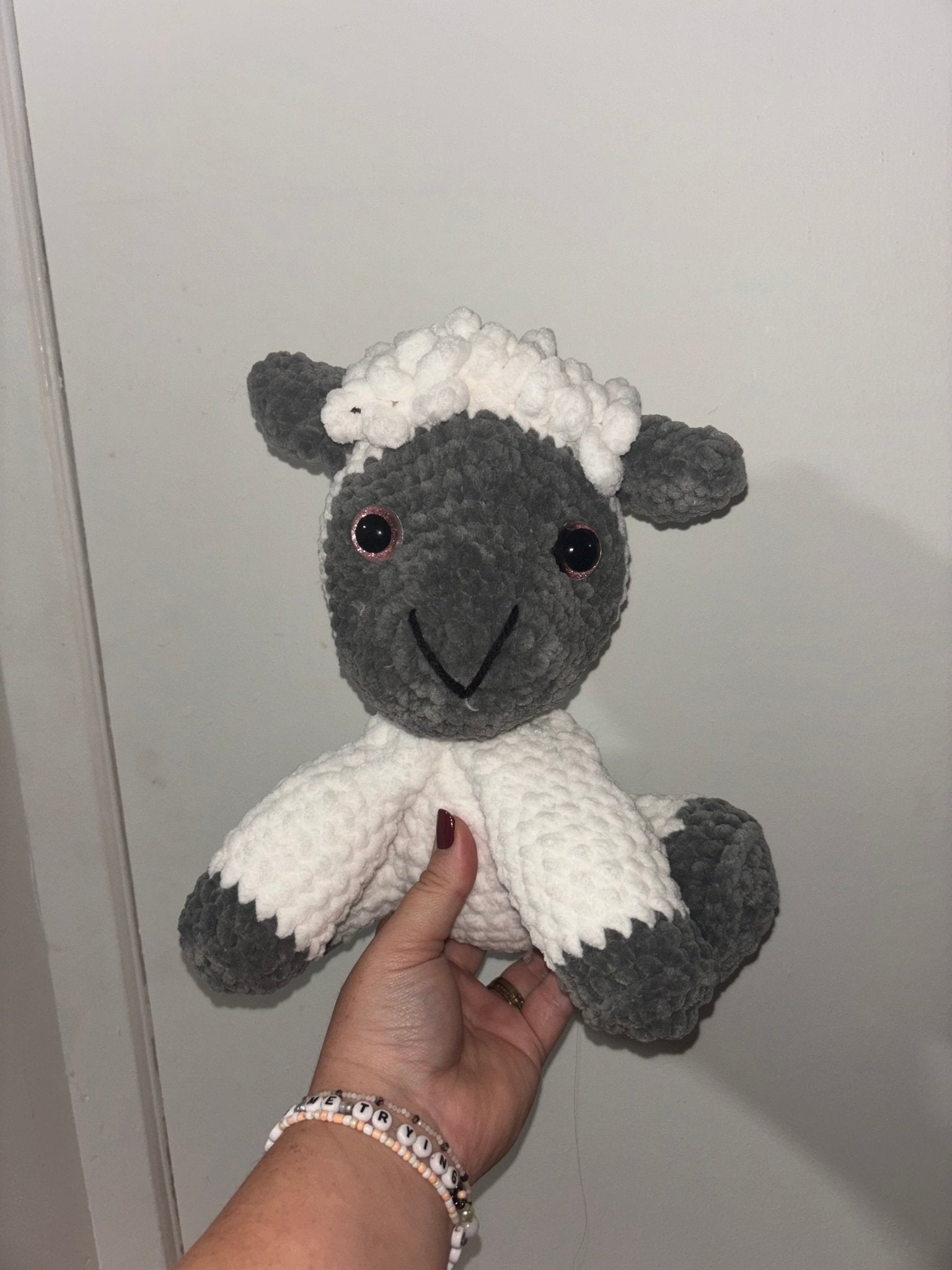 Sadie the Sheep: Crocheted Plush Toy, Handmade Sheep Stuffed Animal, White and Gray Sheep, Smiling, Cute, Kids Toy, Main Street Collective.