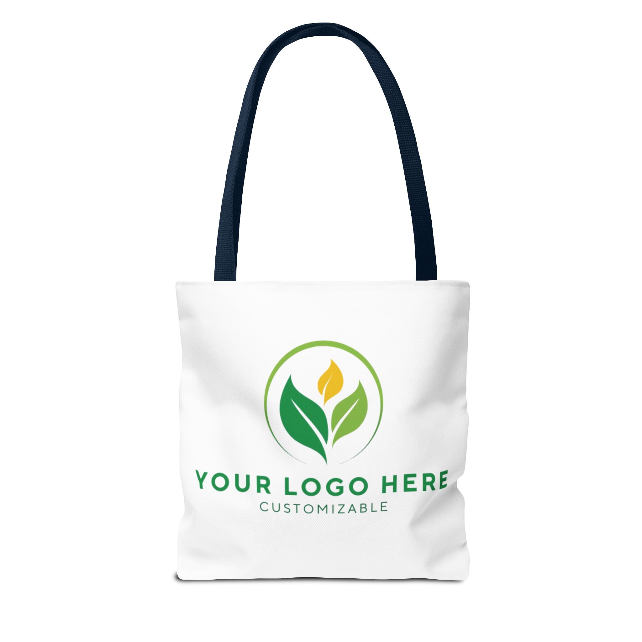 Customizable tote bag with logo. White tote, navy handles, green leaf design. Branded shopping bag.
