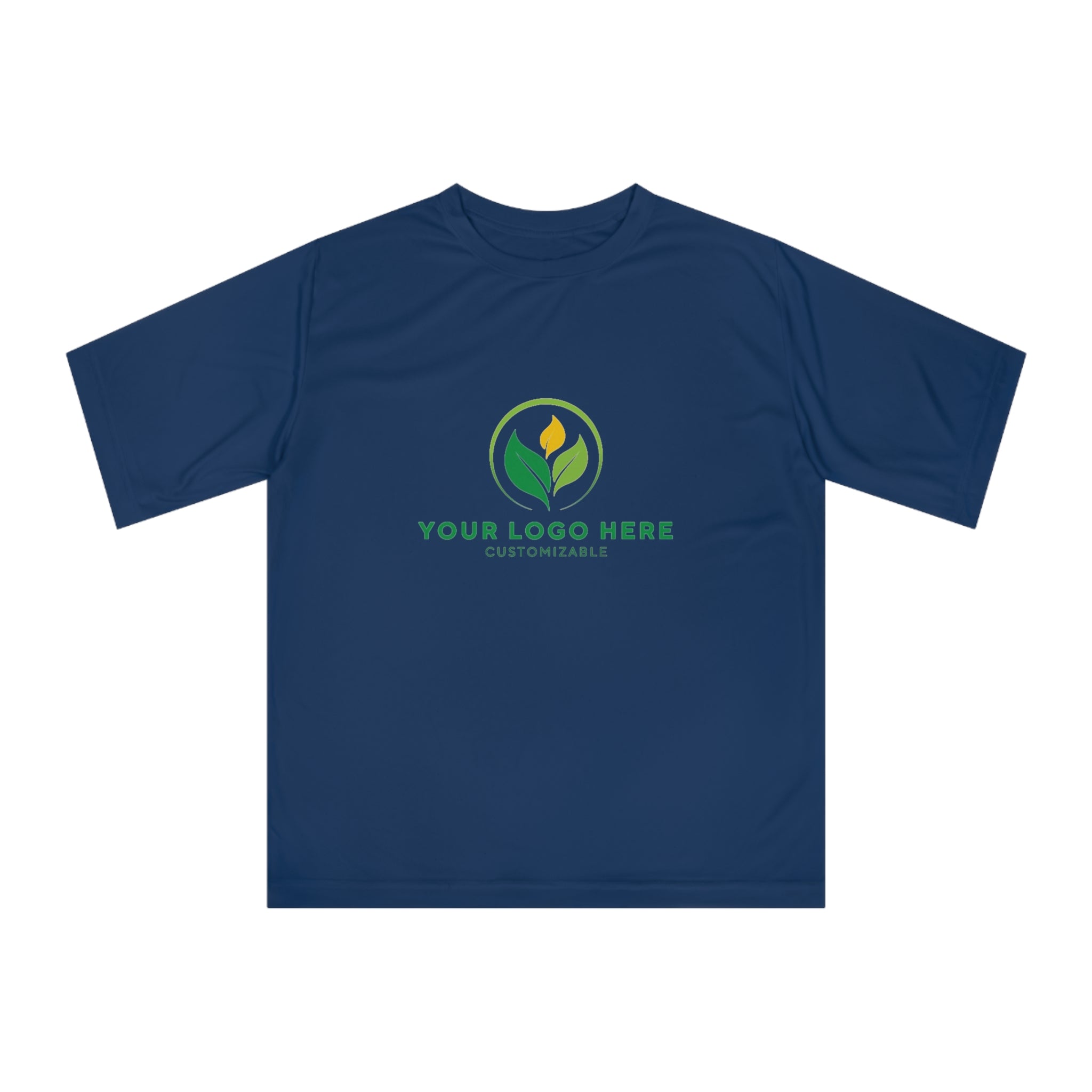 Customizable Navy Blue Performance T-Shirt with Logo. Moisture-wicking athletic shirt for men and women.
