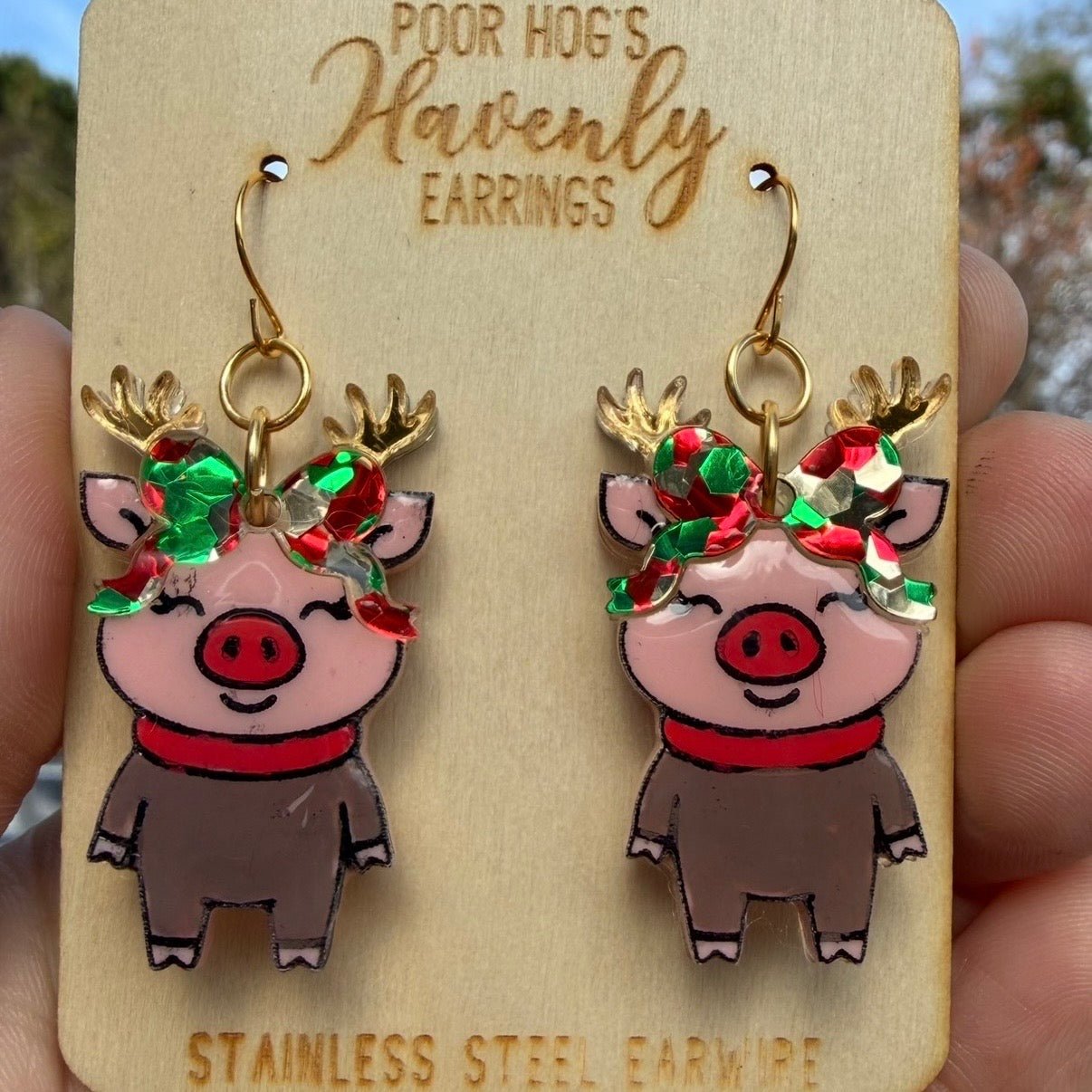 Reindeer Pig Christmas Earrings: Acrylic Holiday Jewelry - Stainless Steel Earwires, Festive Handmade Earrings for Gift Giving