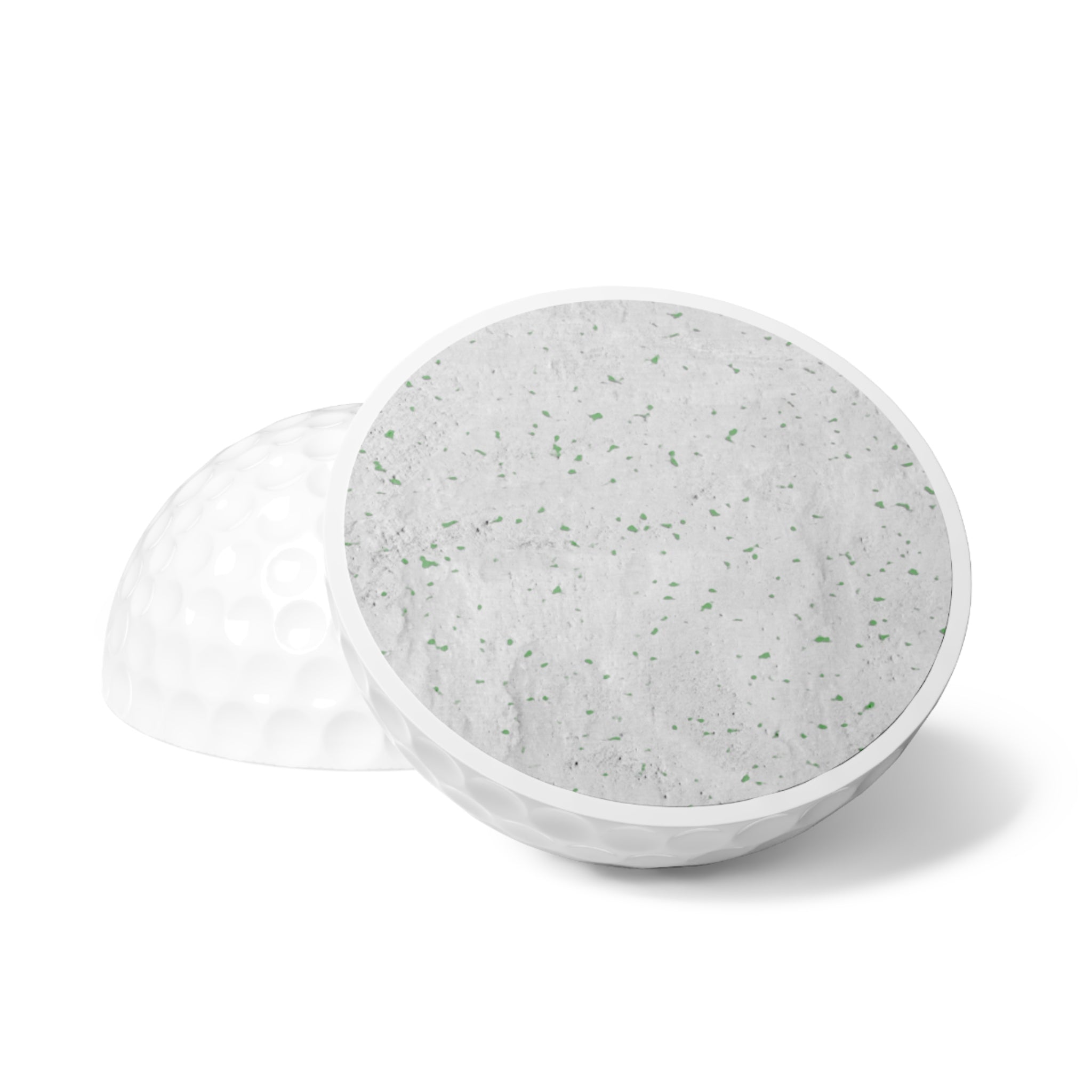 Customizable Golf Balls: Logo Ready, Eco-Friendly. Cut ball showing interior.