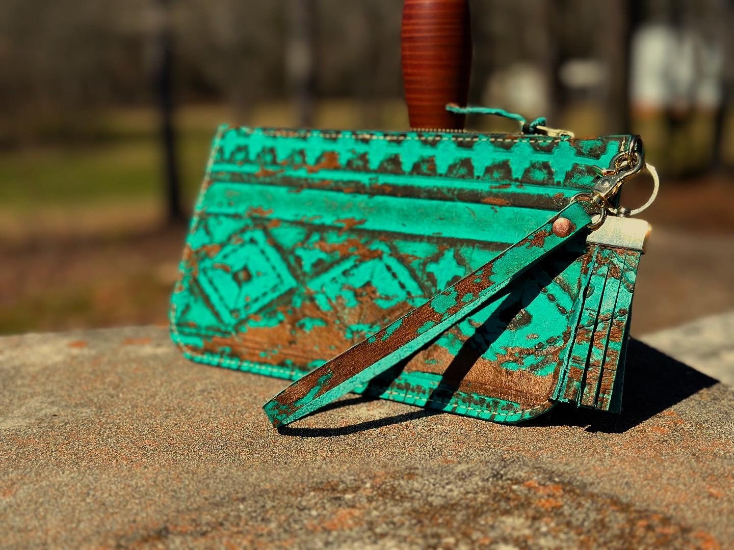 Handmade Turquoise Leather Clutch Wristlet - Main Street Collective. Distressed Leather Bag. Artisan Clutch Purse with Tassel.