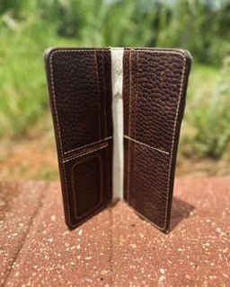 Handmade brown leather long wallet with 6 card slots and ID window, a checkbook style wallet from Main Street Collective.