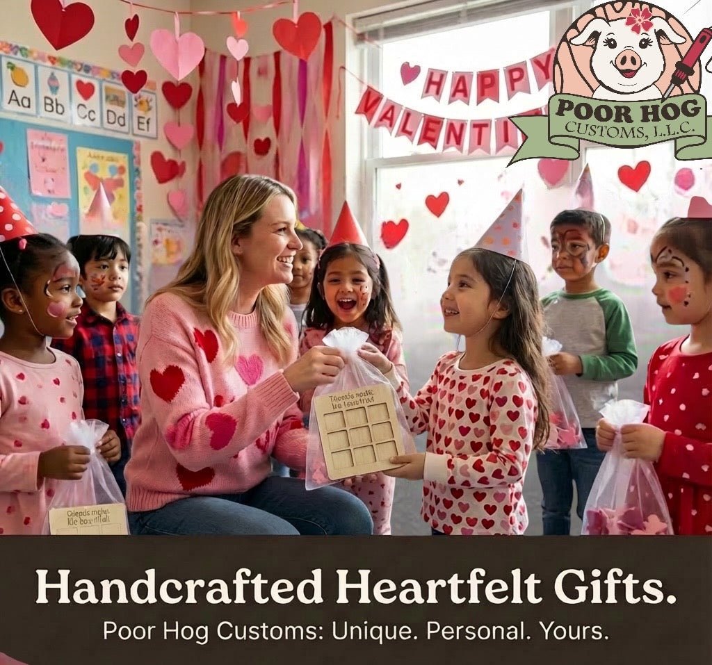 Valentine Tic-Tac-Toe Game: Heart & Bows! Personalized Kids Gift by Poor Hog Customs. Classroom Valentine's Day Fun!