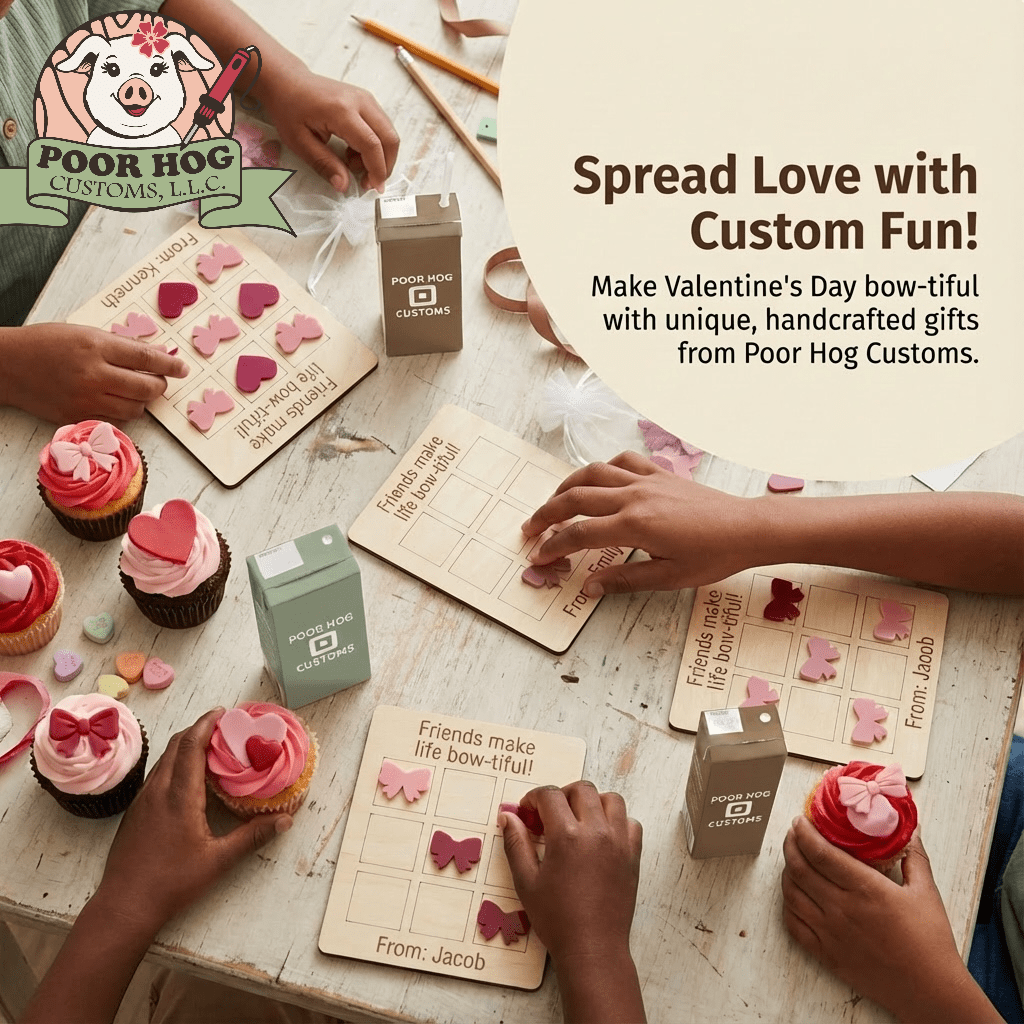 Kids playing tic-tac-toe Valentine's game by Poor Hog Customs, featuring hearts & bows on wooden boards with personalized names.