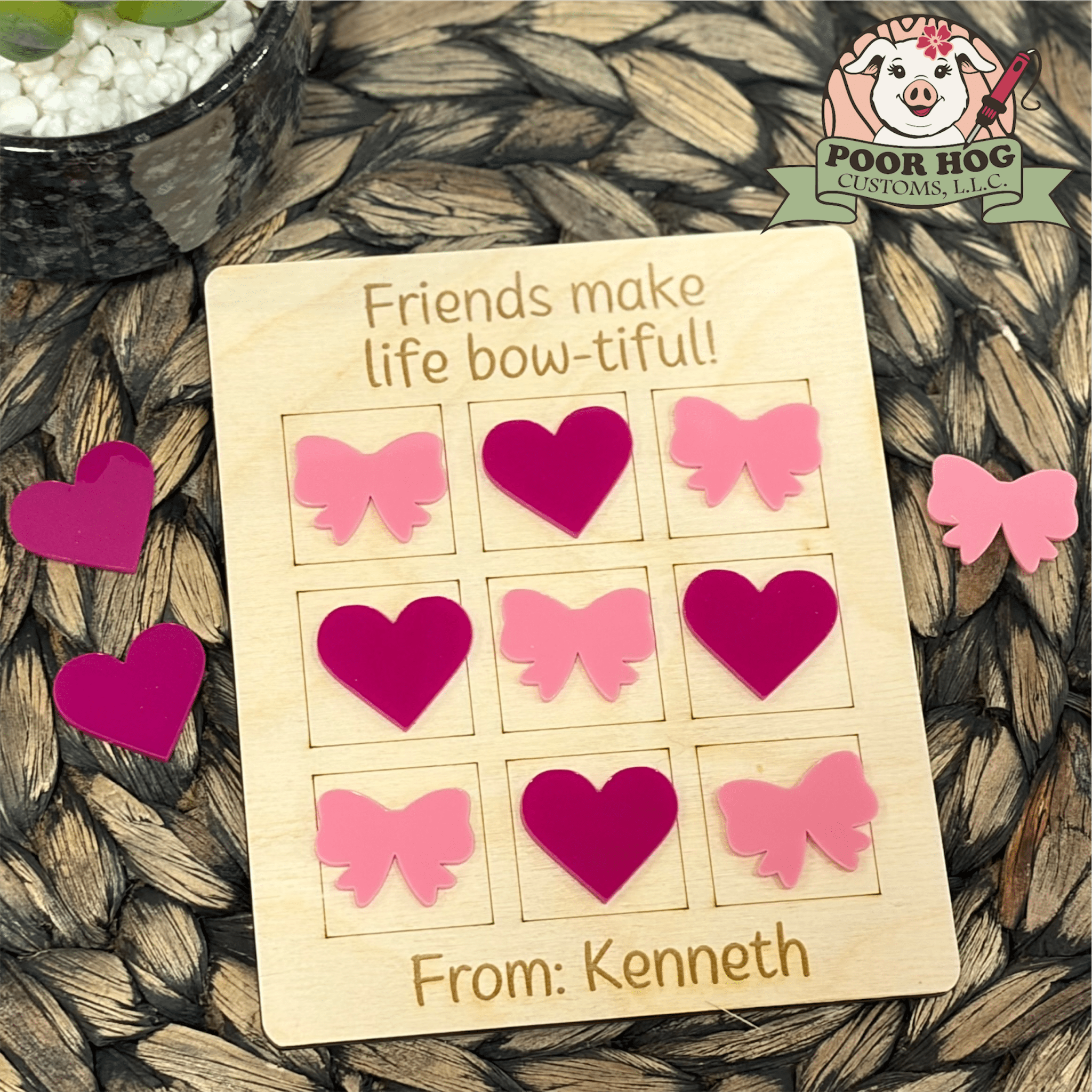 Handmade Heart & Bow Tic-Tac-Toe Valentine's Game by Poor Hog Customs, L.L.C.