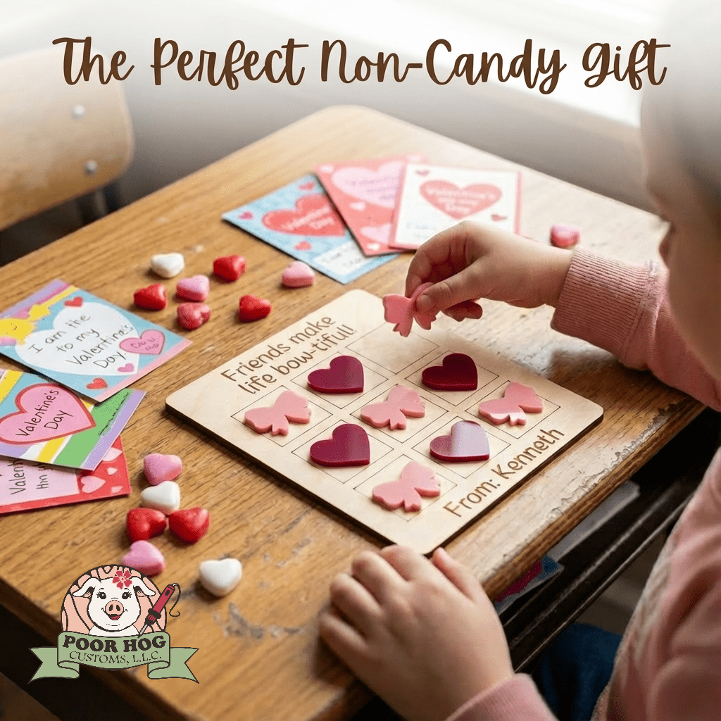 Valentine's Day Tic Tac Toe Game: Wooden Heart & Bow Non-Candy Gift for Kids - Personalized Fun!
