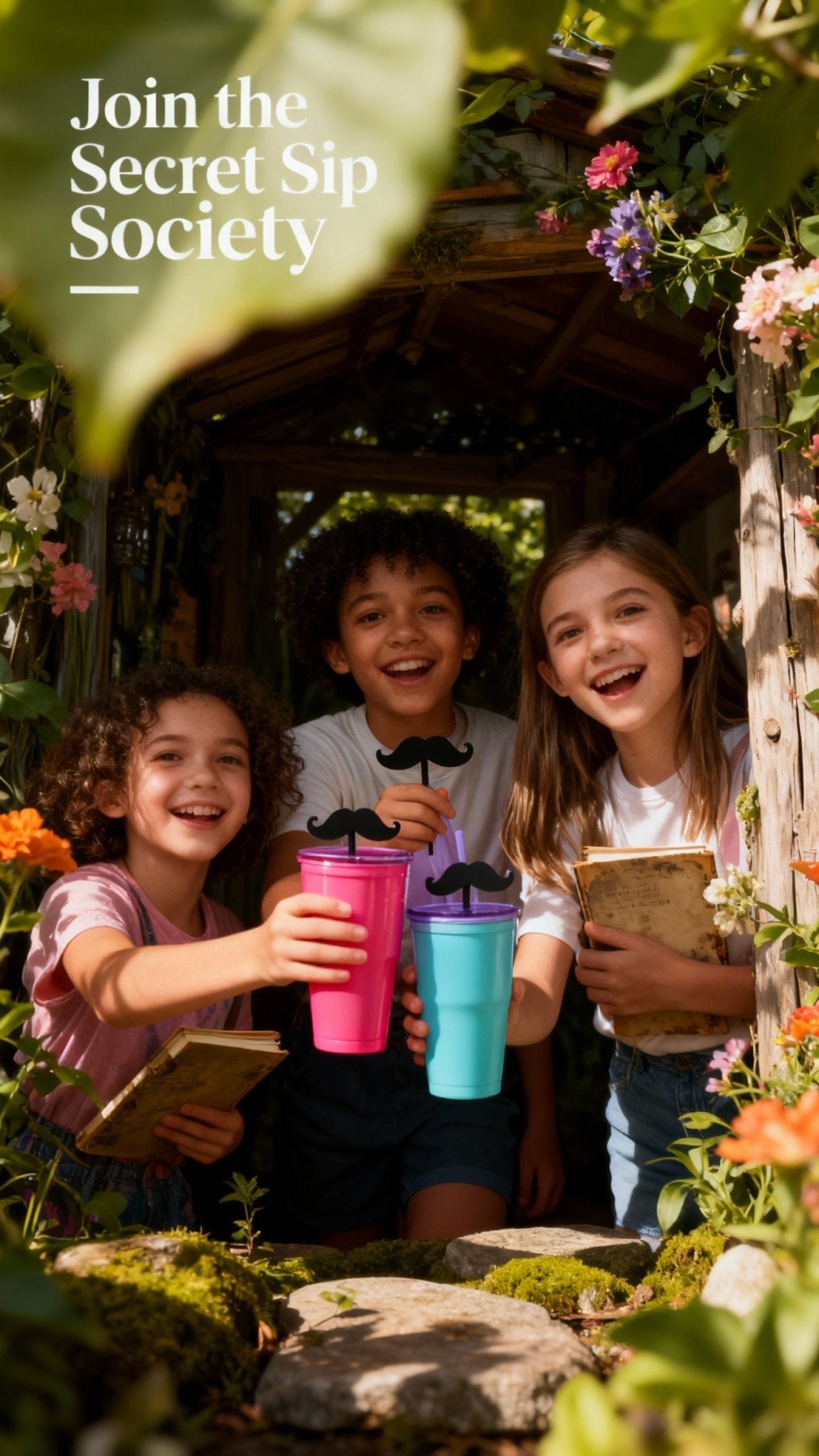 Kids' Secret Sip Society: Mustache Straw Toppers from Main Street Collective & Tween Space! Fun garden party with playful accessories.