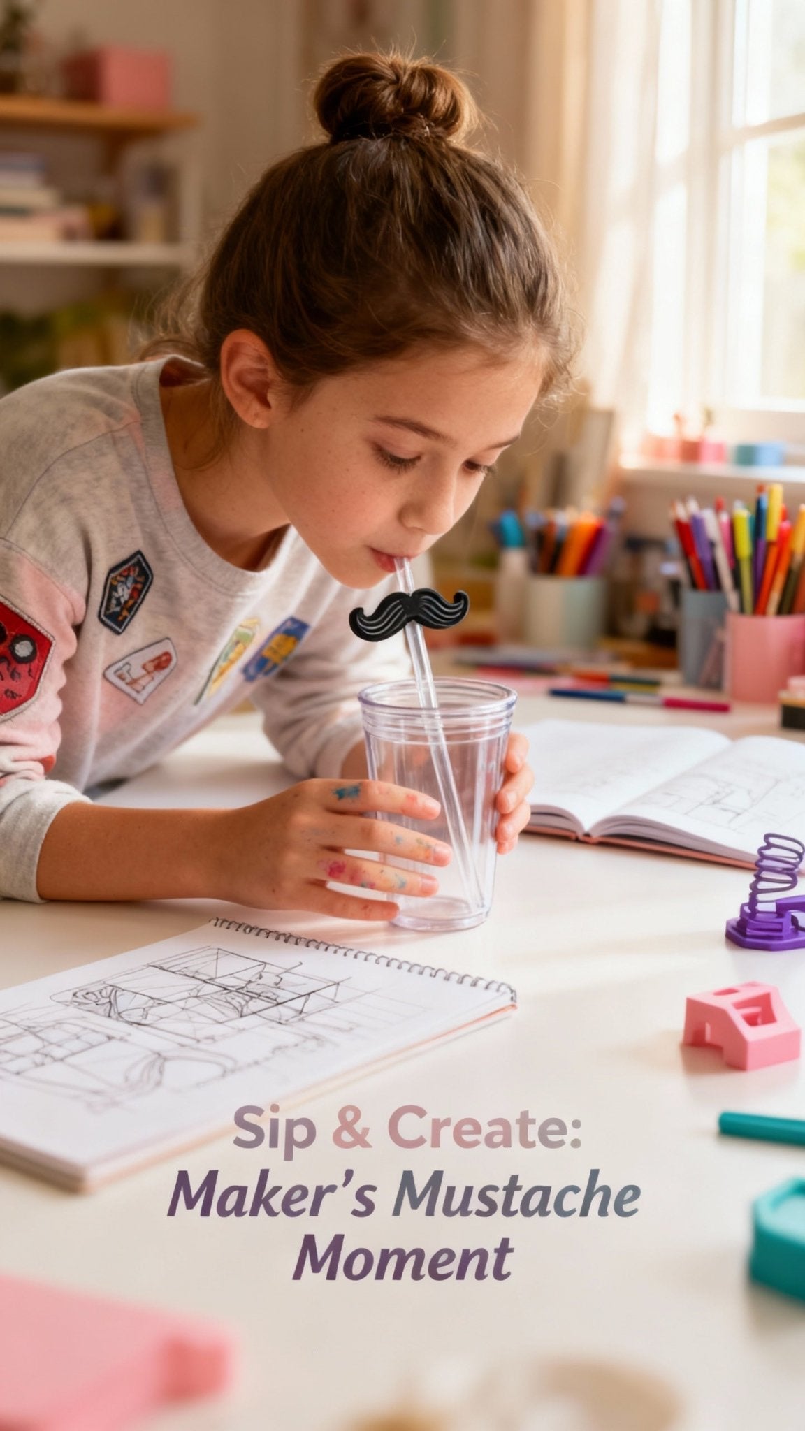 Girl drawing with maker mustache straw topper from Main Street Collective.