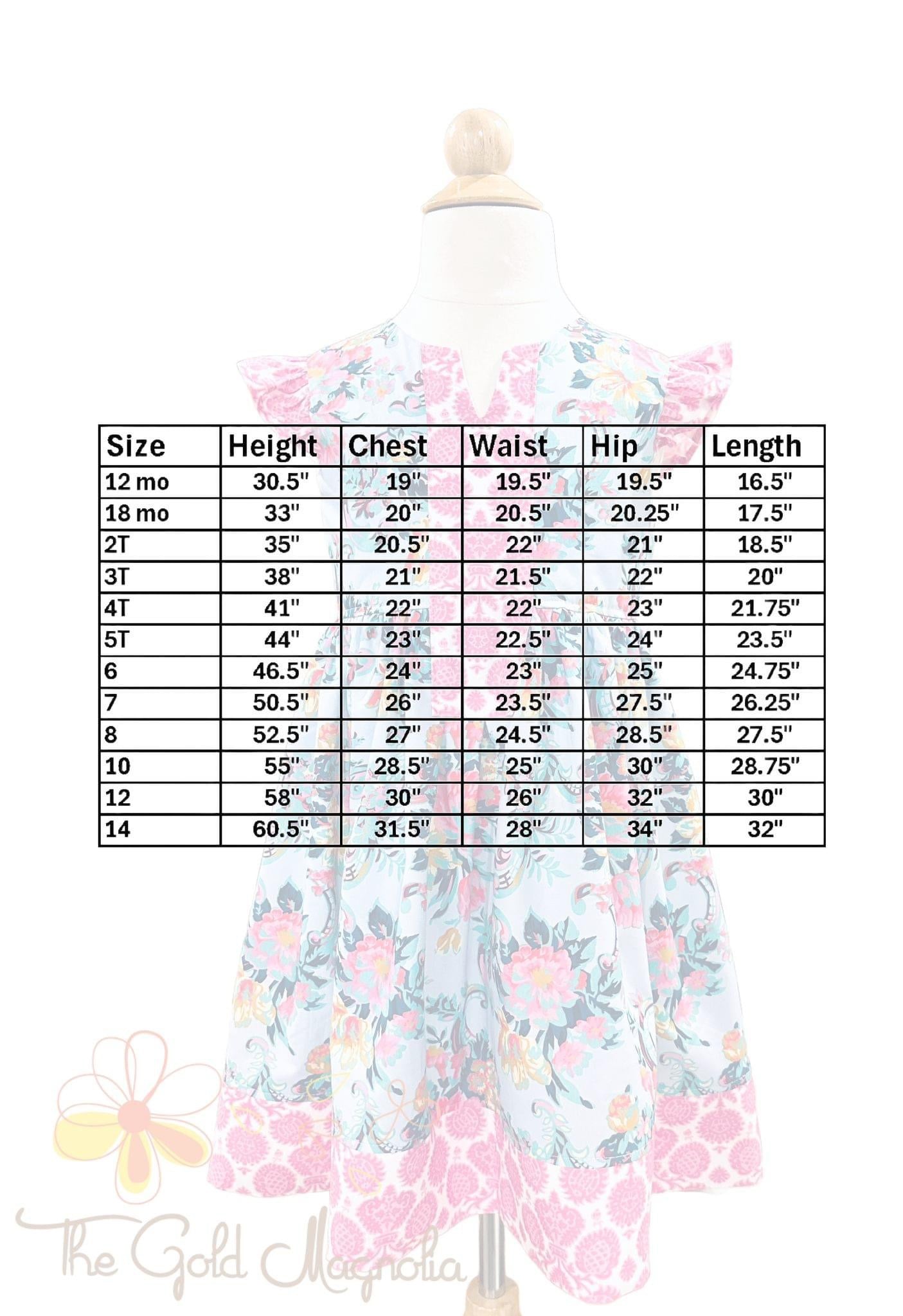 Bali Boho Spring Dress Size Chart: Find the perfect fit for girls sizes 12mo-14 in floral boho style. Main Street Collective