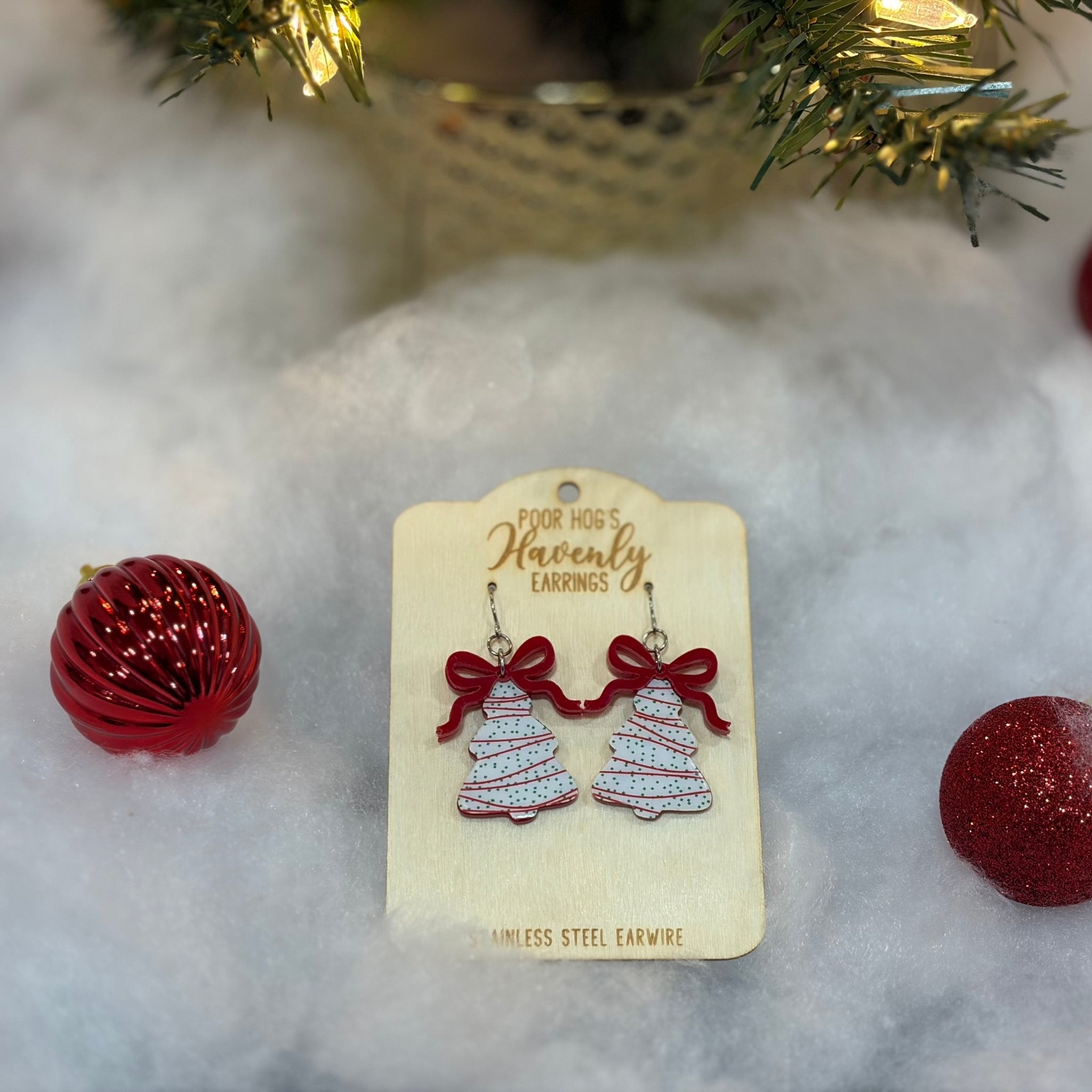 Christmas Tree Cake Earrings with Red Bows - Handmade Acrylic Holiday Jewelry from Main Street Collective