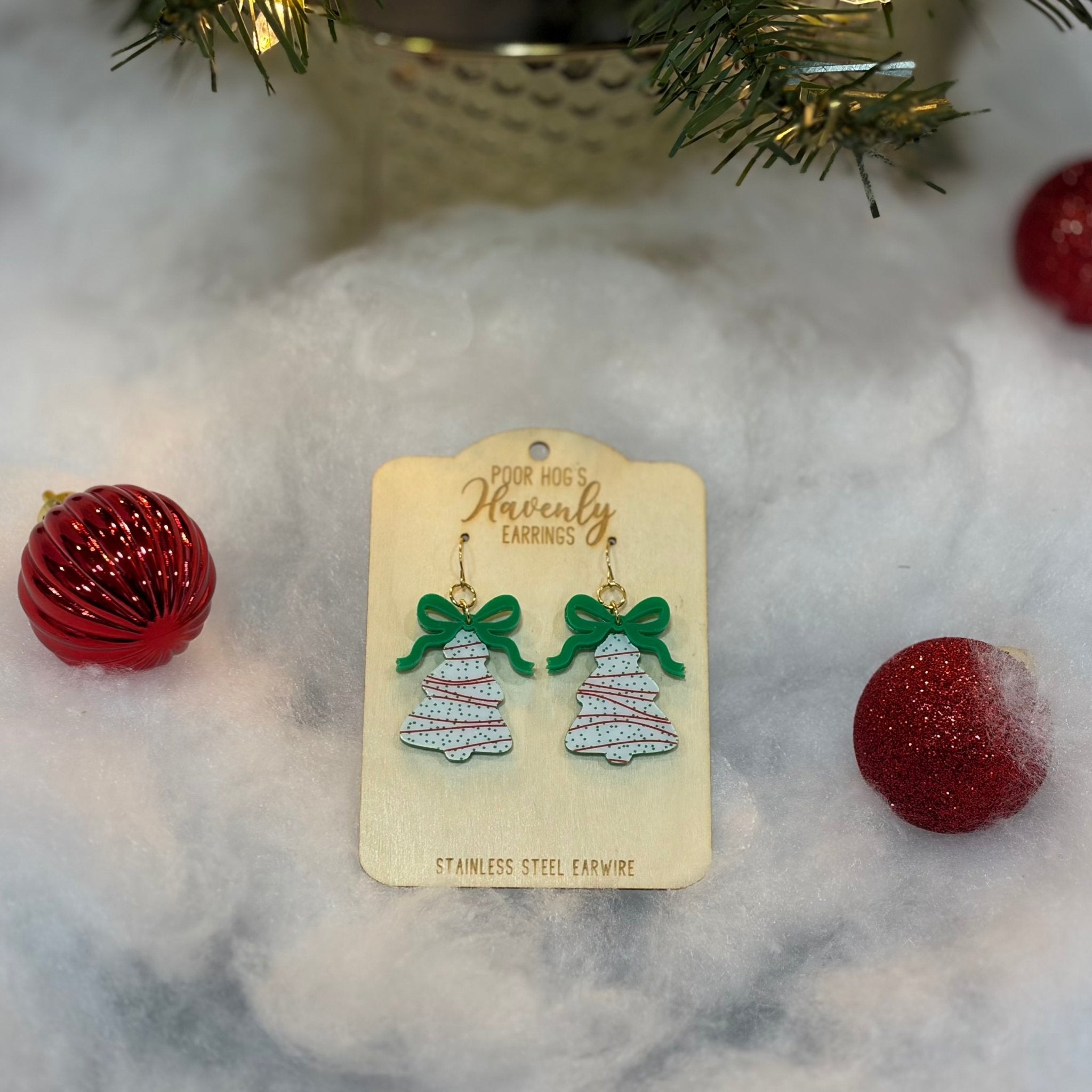 Christmas Tree Cake Earrings: Holiday Acrylic Jewelry by Main Street Collective. Green Bows. Handmade Poor Hog's Earrings.