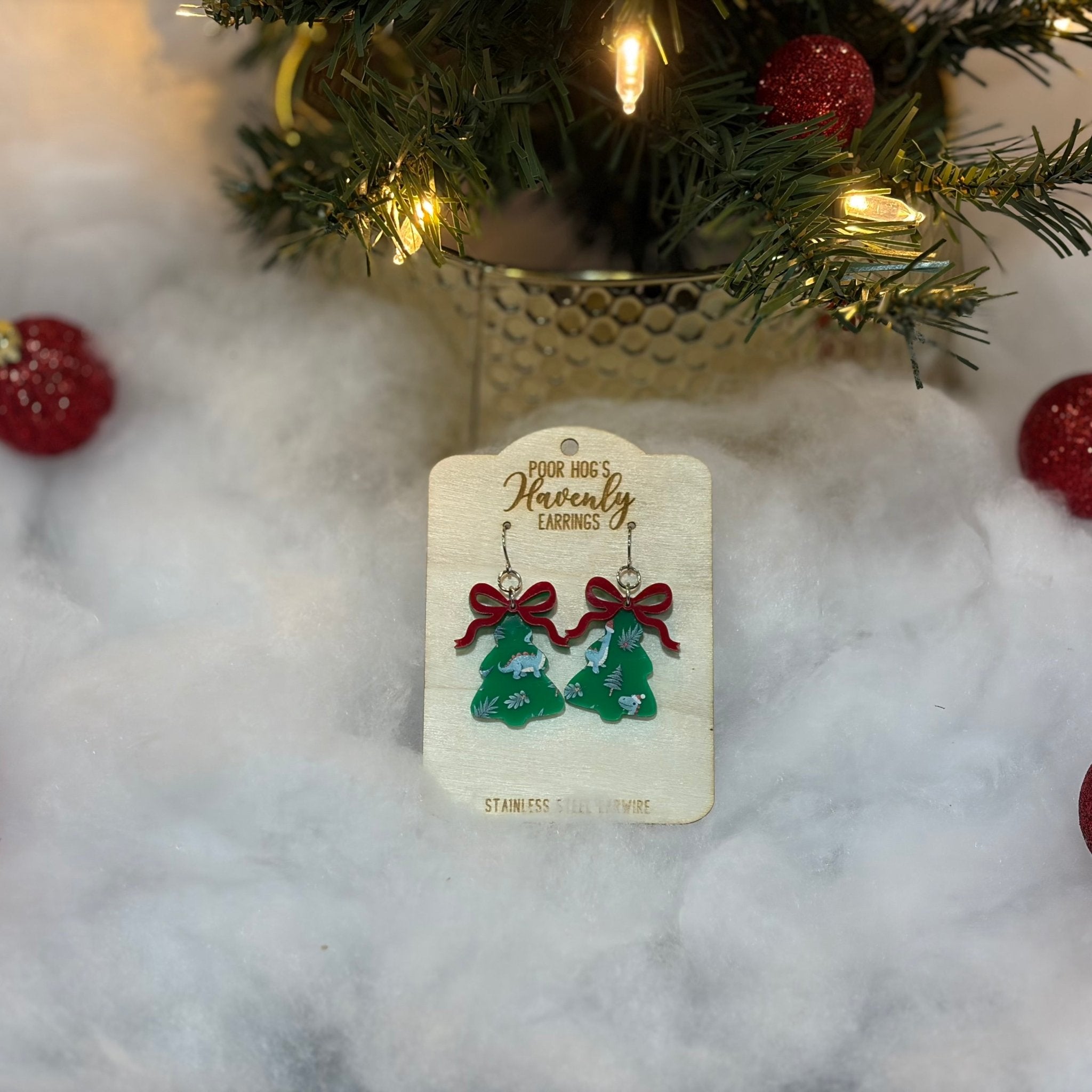 Dinosaur Christmas Tree Earrings: Red or Green Tree Design by Poor Hog's