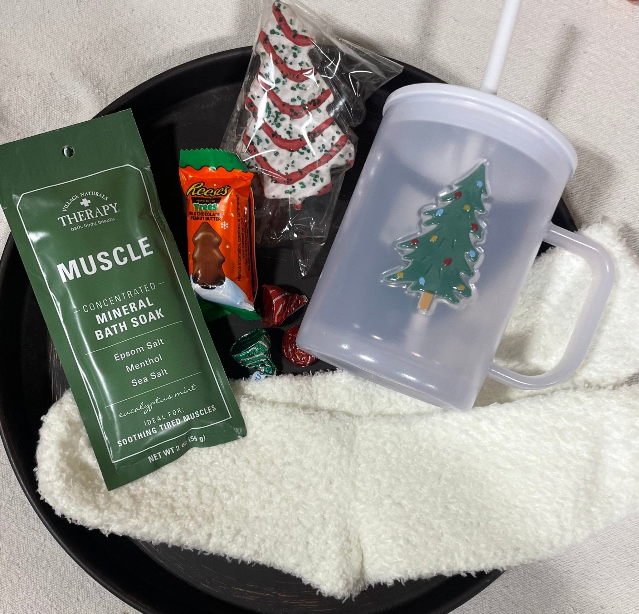 Christmas Gift Basket: Self-Care Spa Treats, Reese's Chocolate, Fuzzy Socks & Holiday Mug