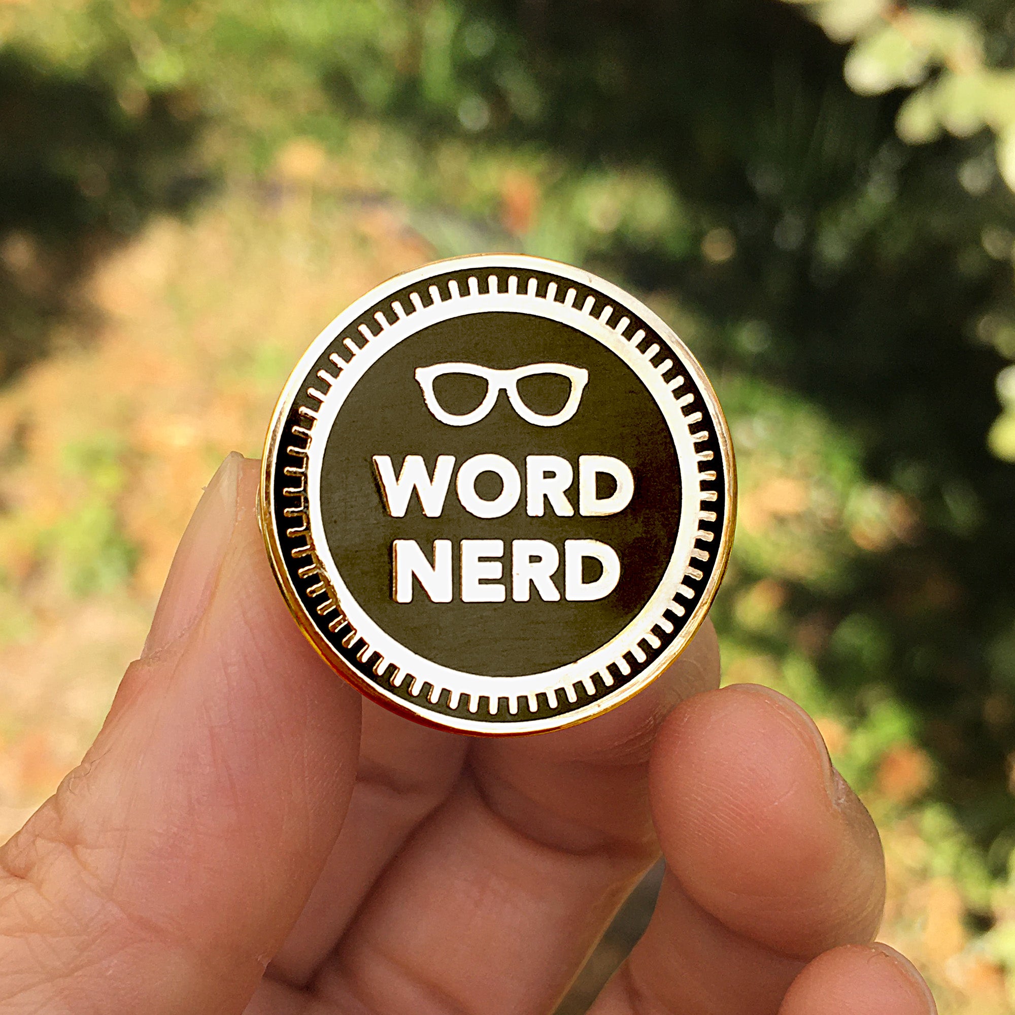Word Nerd Enamel Pin - Book Lover & Writer Badge - Black and Gold Design