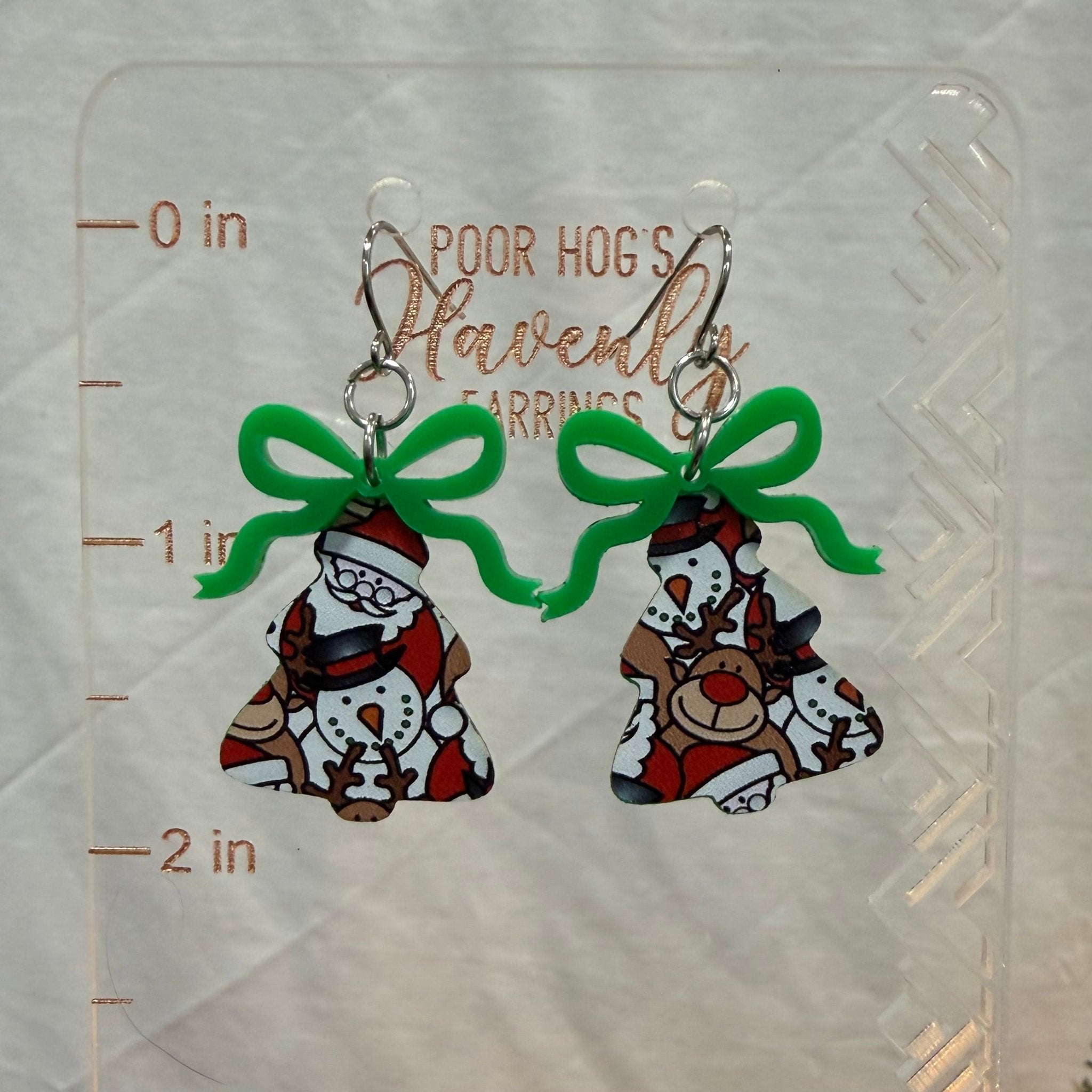 Christmas Tree Earrings with Snowman & Reindeer Design and Green Bows - Holiday Jewelry for Festive Style