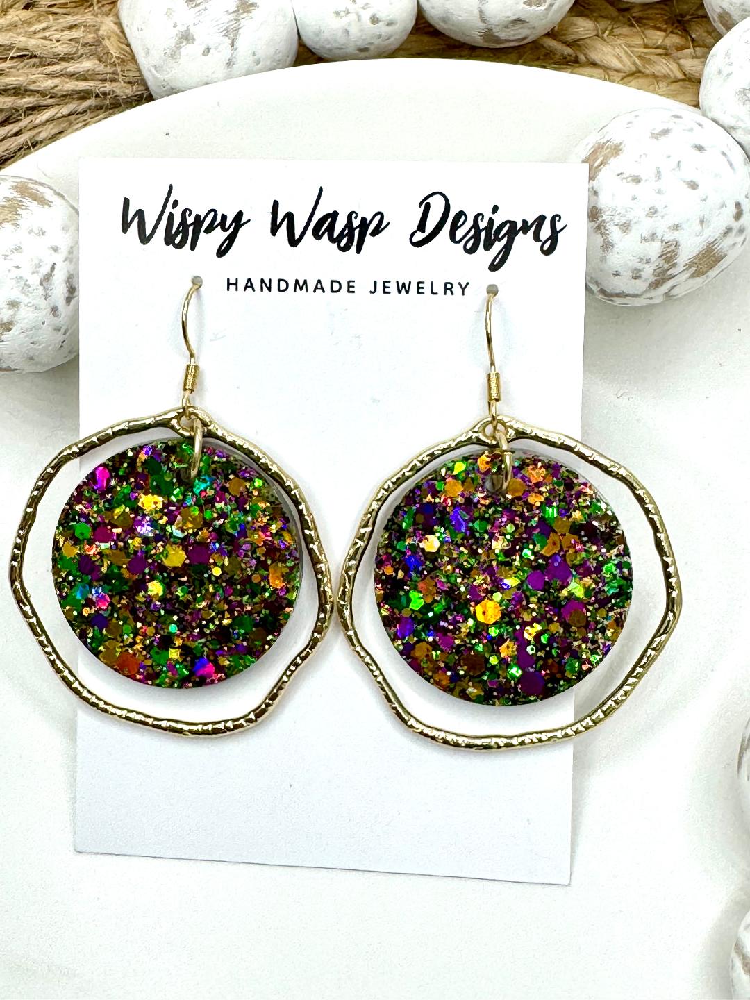 Gold and Glitter Mardi Gras Hoop Earrings– Lightweight, Hypoallergenic, Festive Style
