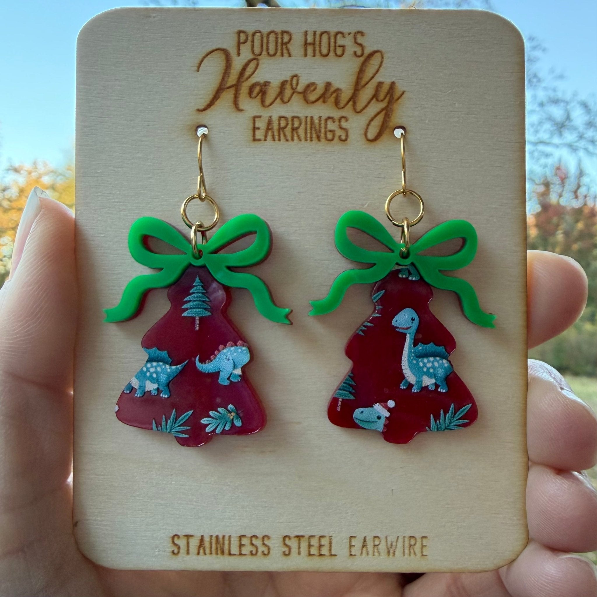 Dinosaur Christmas Tree Earrings: Holiday Jewelry, Dino Gifts, Festive Earrings, Handmade Ornament Earrings