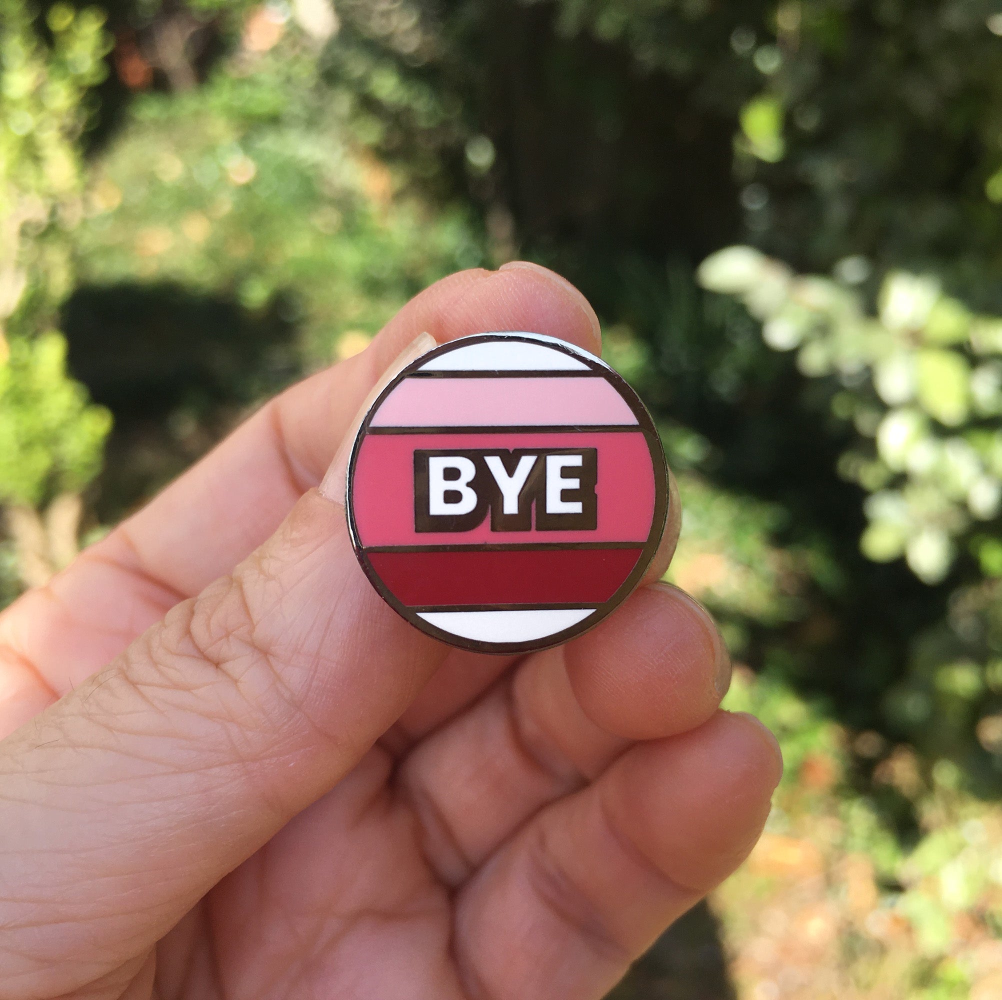 BYE Retro Enamel Pin - 70s Style Striped Goodbye Pin by Main Street Collective - Shop Now!