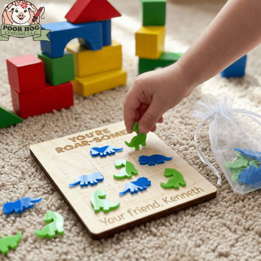 Dinosaur Tic-Tac-Toe Valentine's Game by Poor Hog Customs. Personalized Dinosaur Game for Kids