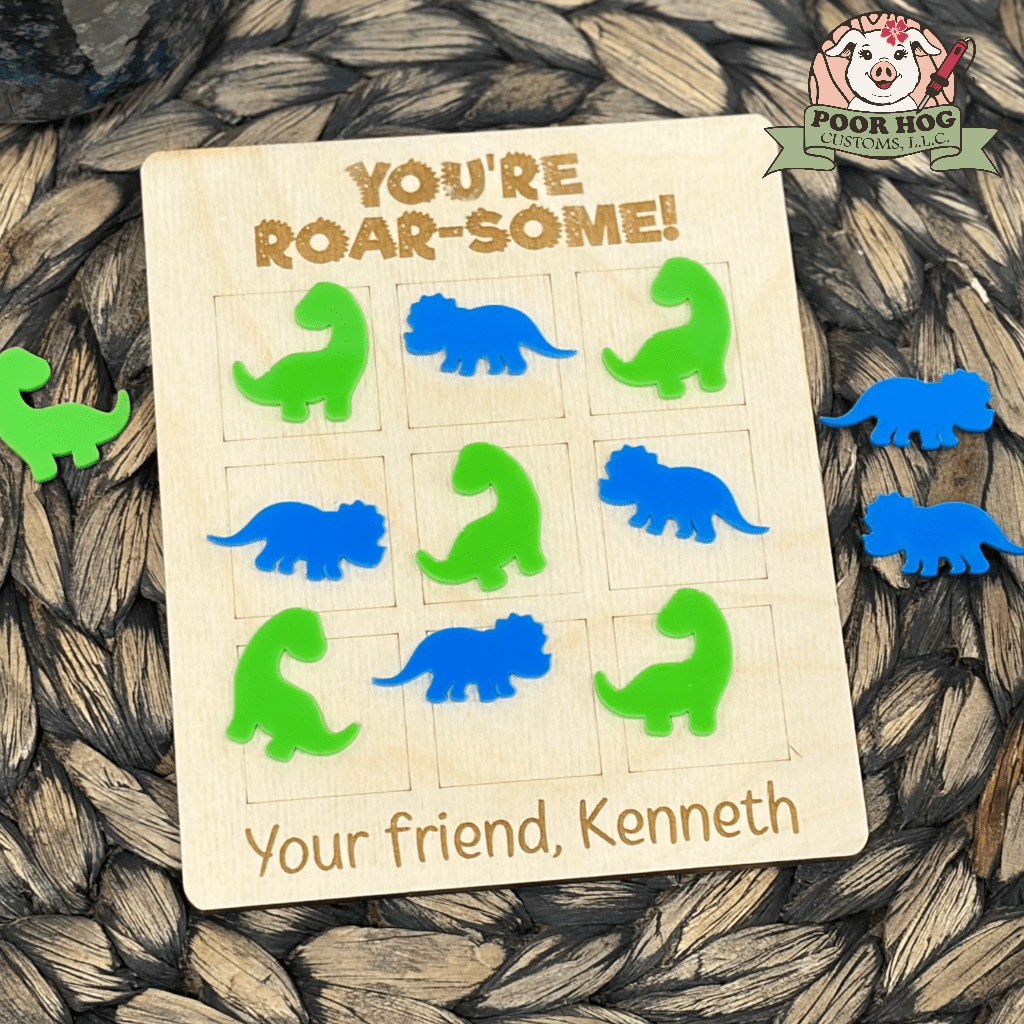 Dinosaur Tic Tac Toe Valentine's Day Game: Personalized, Wooden Board with Green Brontosaurus & Blue Triceratops. Kids' Roar-some Gift!