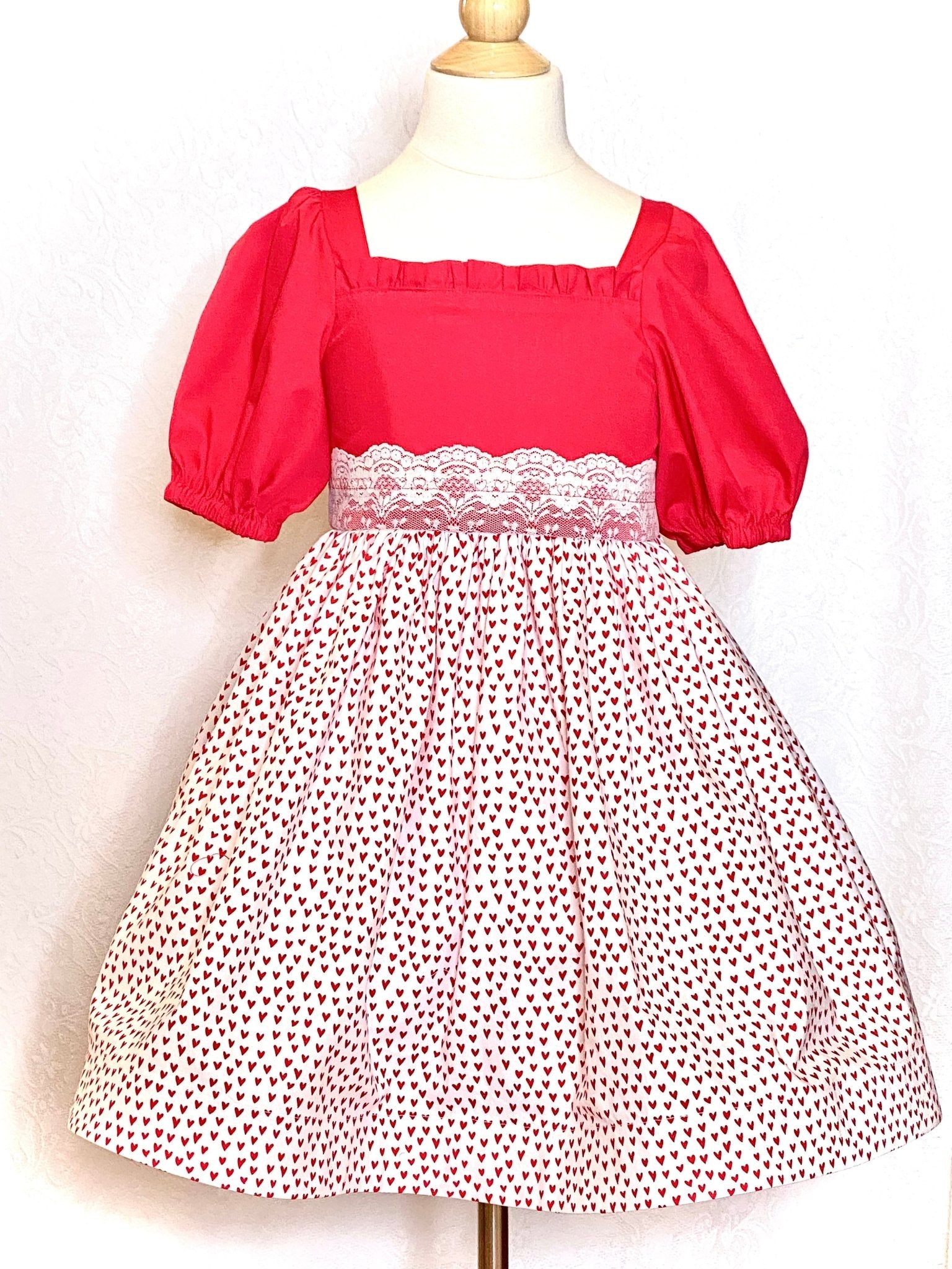 Valentine's Day Girl Dress: Red Top, Heart Print Skirt & Lace Trim - Main Street Collective