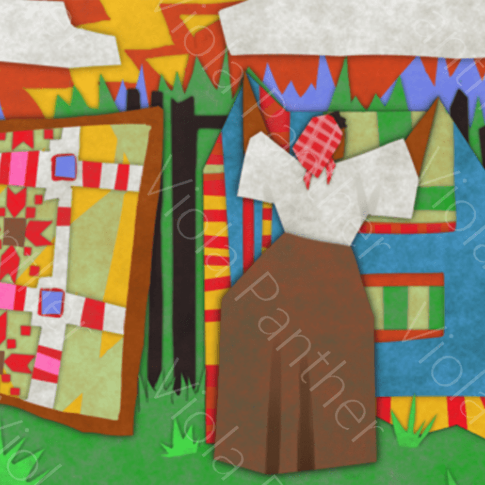 Abstract Filipino Art: Baro't Saya illustration with quilt backdrop. Colorful folk art print for home decor.