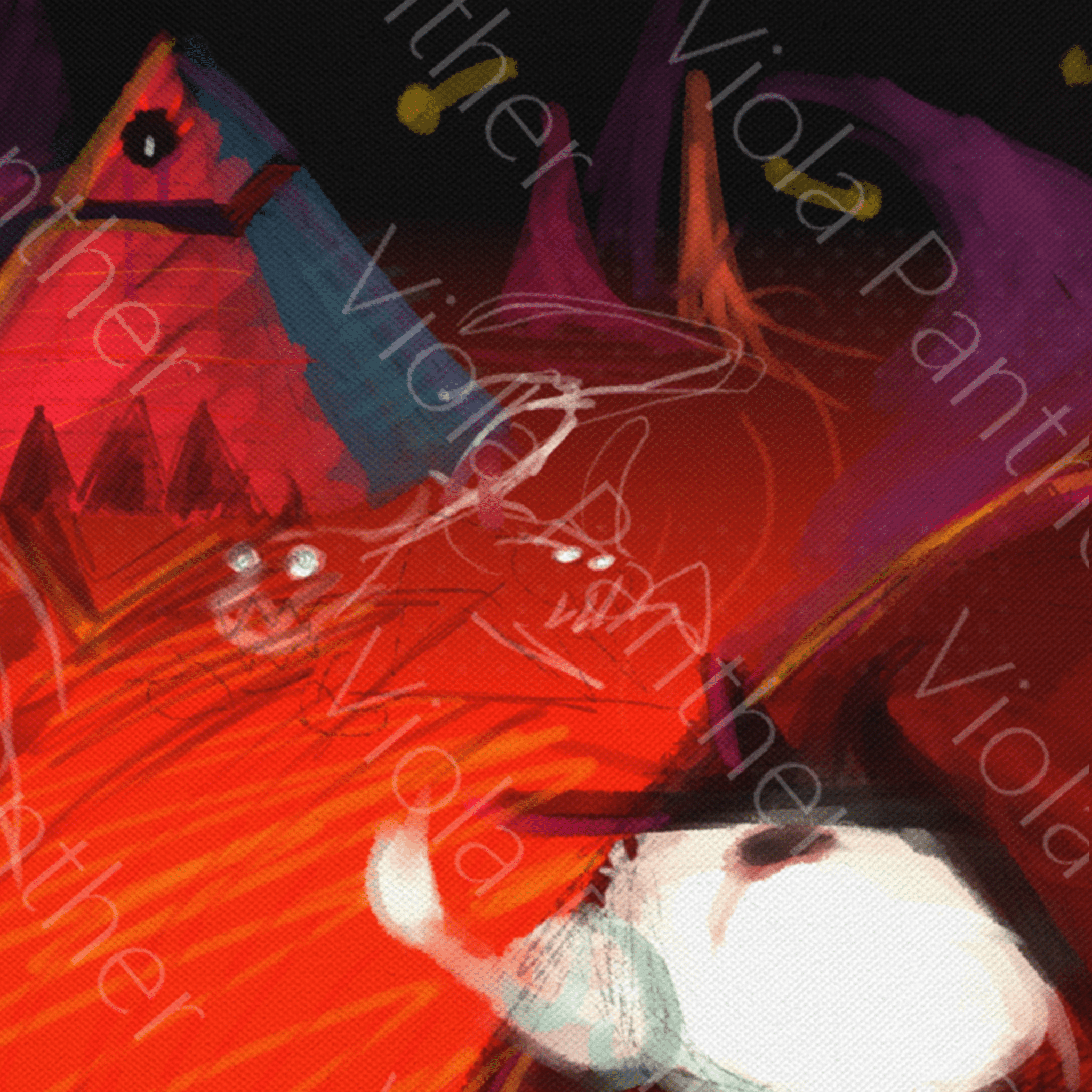 Abstract digital art: chaotic empire with red energy, pyramid & shadowy figures by Viola Panther