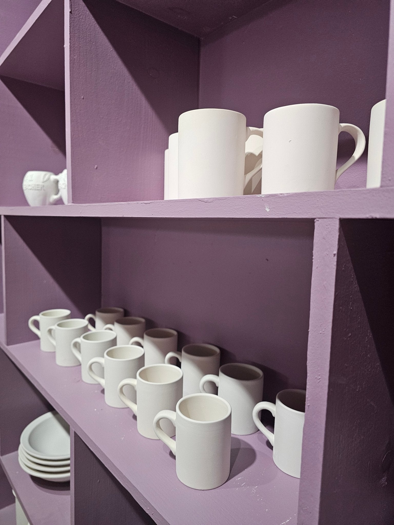 DIY Pottery Mugs on Purple Shelves | Ceramic Workshop