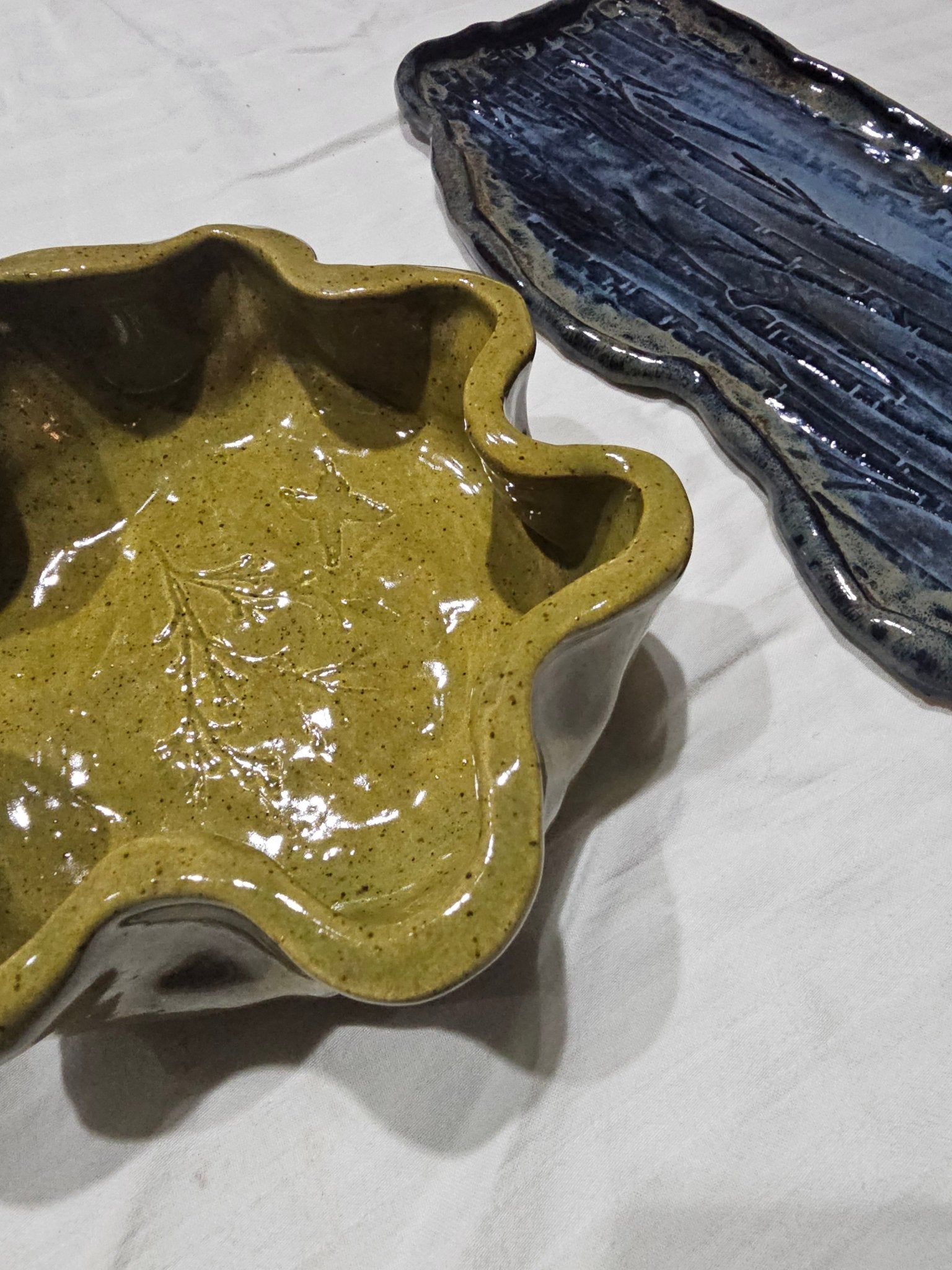 Pottery Date Night: Handmade Ceramics in Hattiesburg MS. Green Leaf Bowl & Blue Tray - DIY Art!