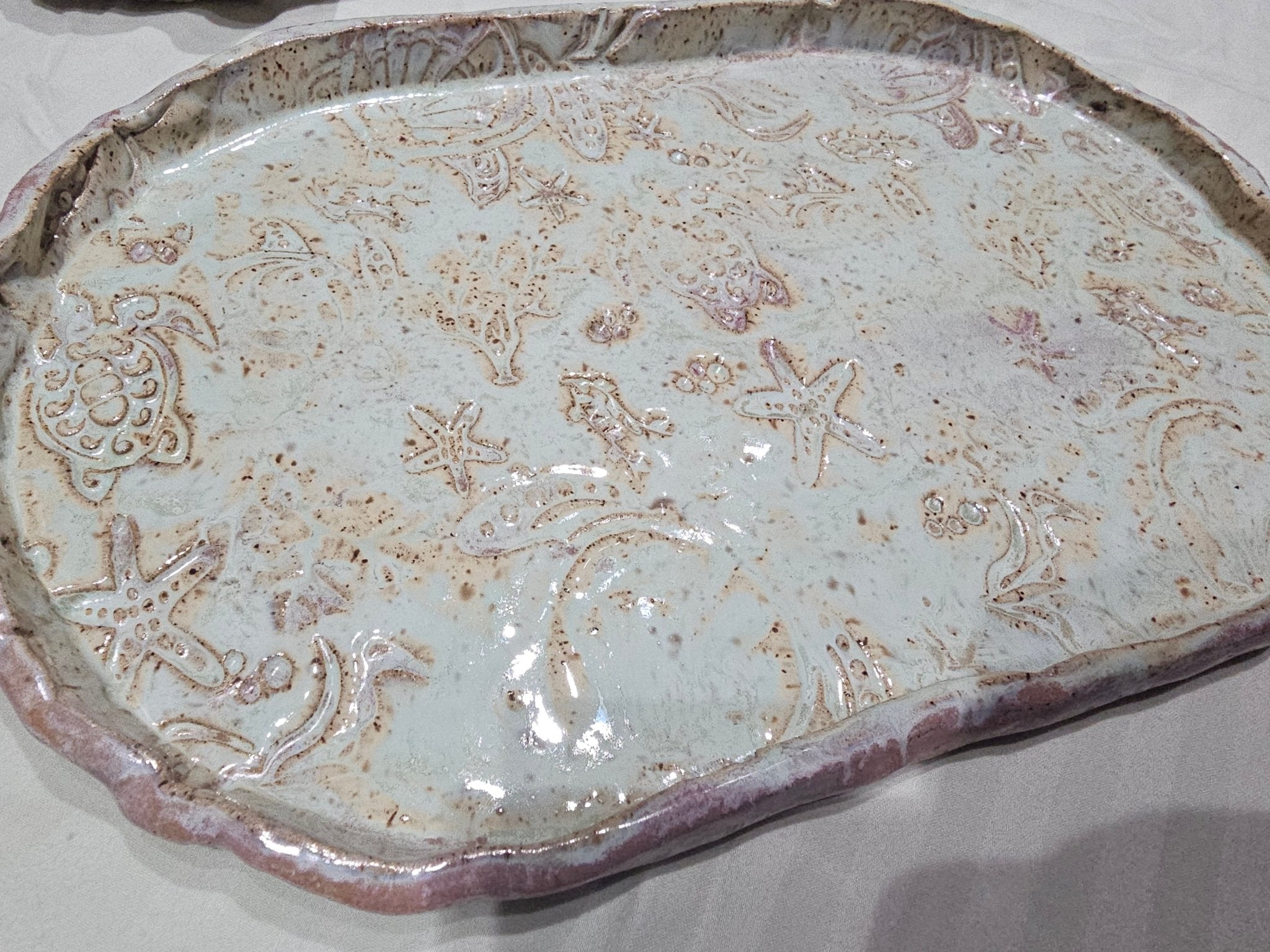 Sea Life Pottery Tray: Handmade Ceramic Tray with Turtle Starfish Coral Design | Hattiesburg Pottery Date Night