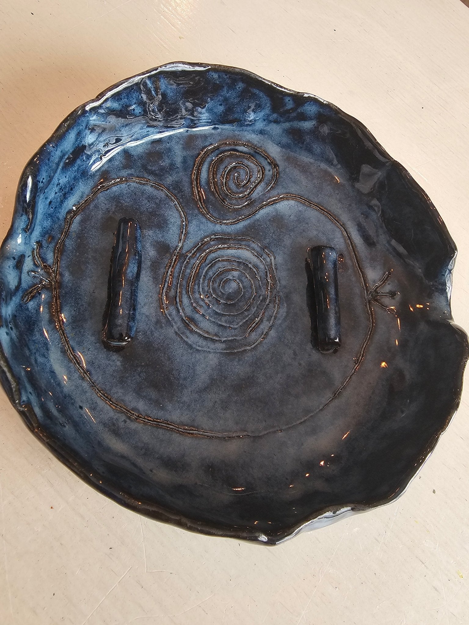 Blue Ceramic Plate Handmade Pottery Spiral Design | Main Street Collective