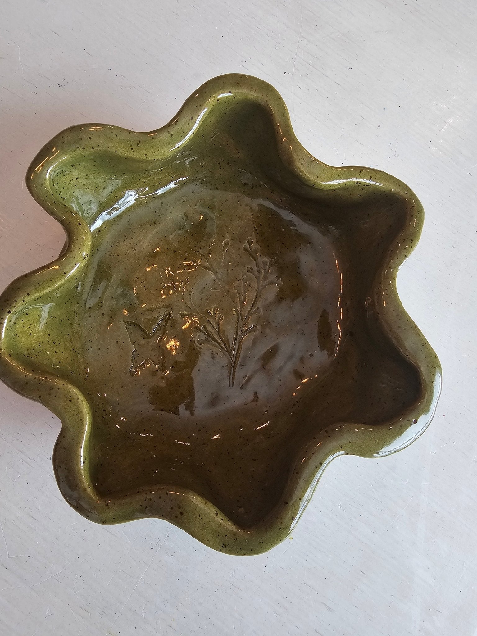Handmade Green Pottery Bowl: Floral Imprint, Unique Ceramic Art