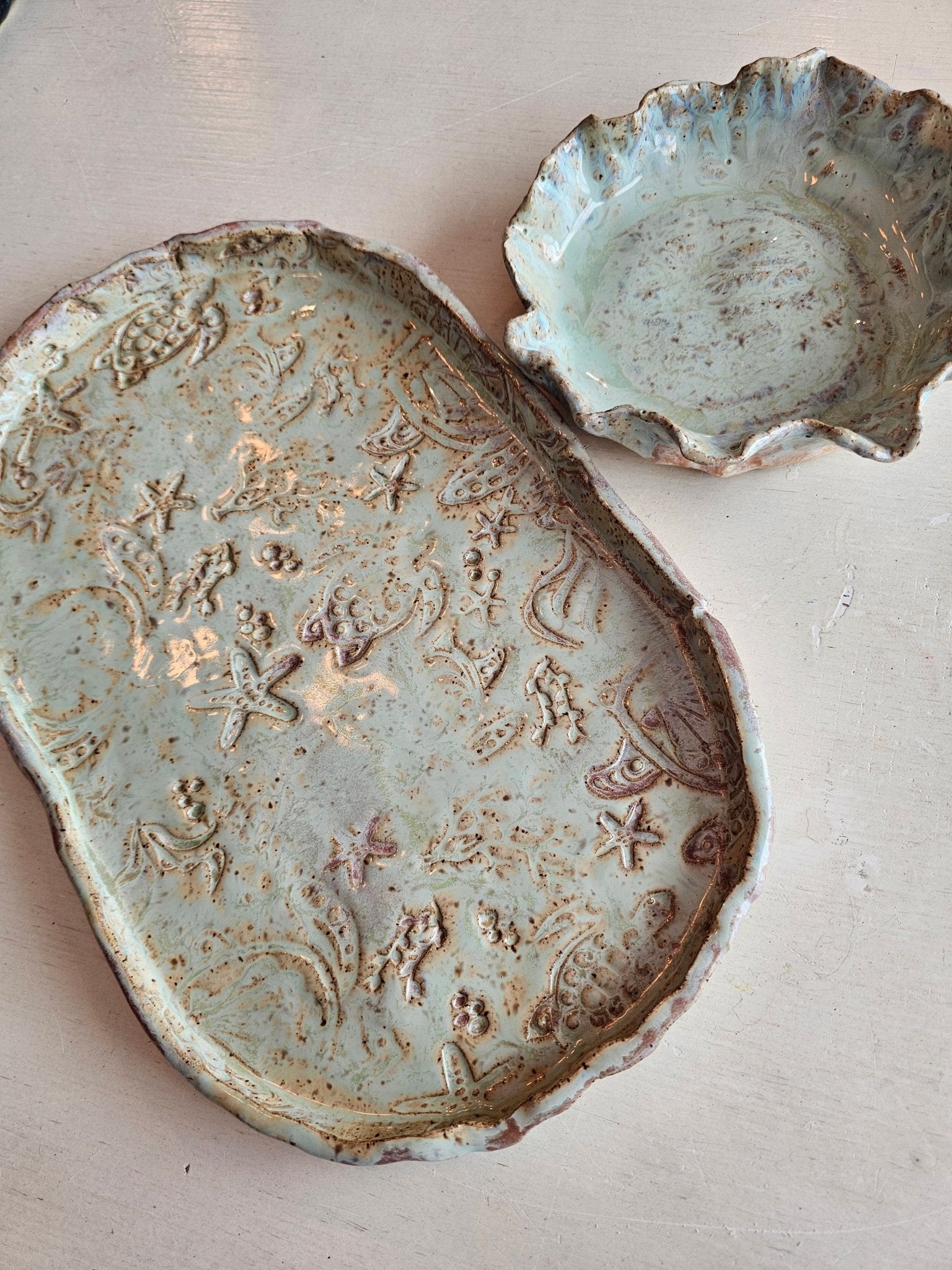 Handmade Coastal Ceramic: Sea Life Tray & Decorative Bowl. Pale Green Pottery Serving Dishes.