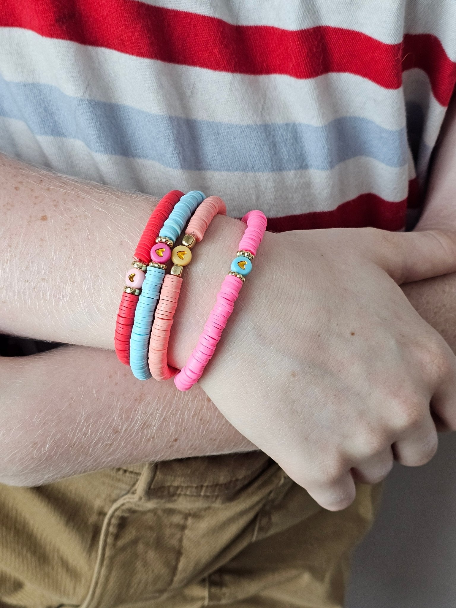 Bright Heart Bracelet Stack: Tween Fashion, Colorful Beaded Bracelets with Gold Heart Charms